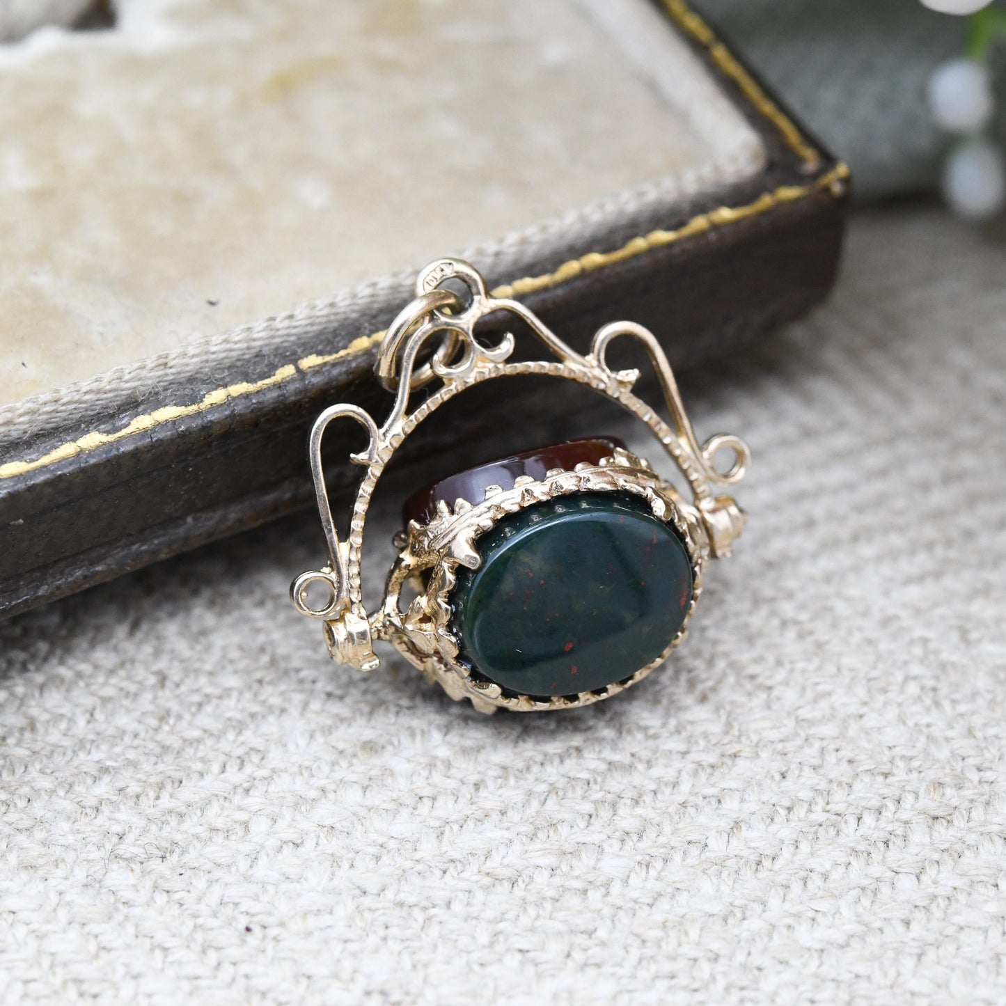 Vintage 9ct Gold Spinner Fob Pendant Carnelian Onyx Bloodstone - Antique Style Miniature Gemstone Watch Fob Charm Fidget Pretty Gift for Her