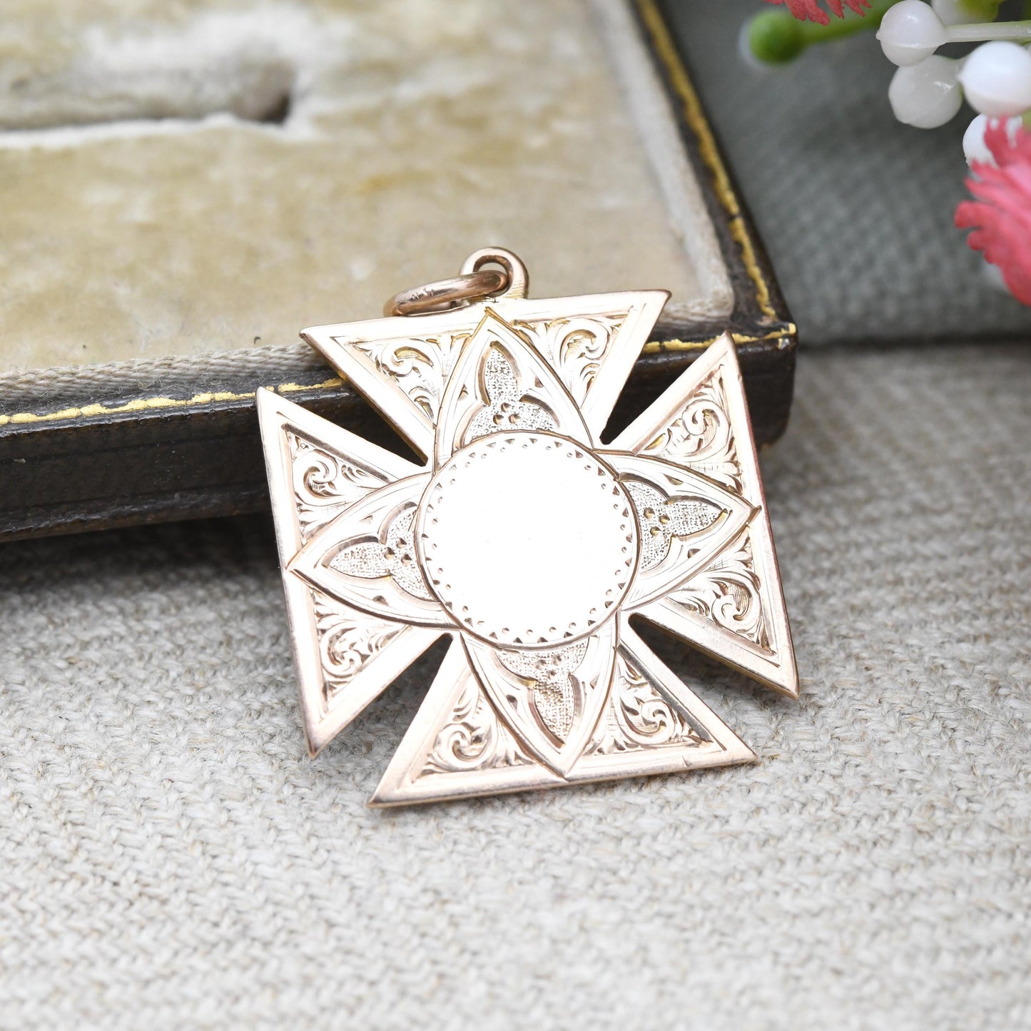 Antique 9ct Gold Square Cross Fob 1918 Scrolling Engraved - Solid Gold Maltese Cross Watch Fob Pendant | Blank for Engraving | Rose Gold