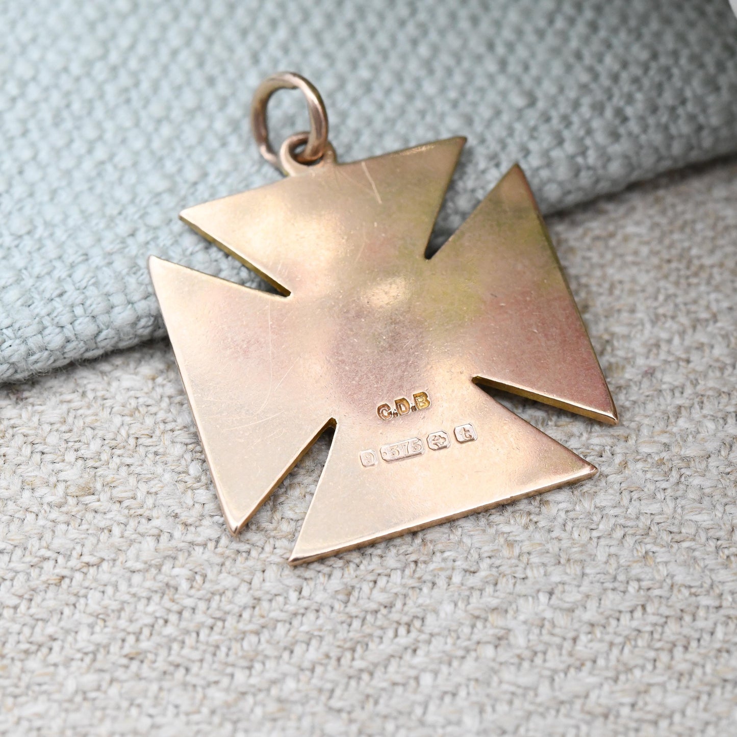 Antique 9ct Gold Square Cross Fob 1918 Scrolling Engraved - Solid Gold Maltese Cross Watch Fob Pendant | Blank for Engraving | Rose Gold