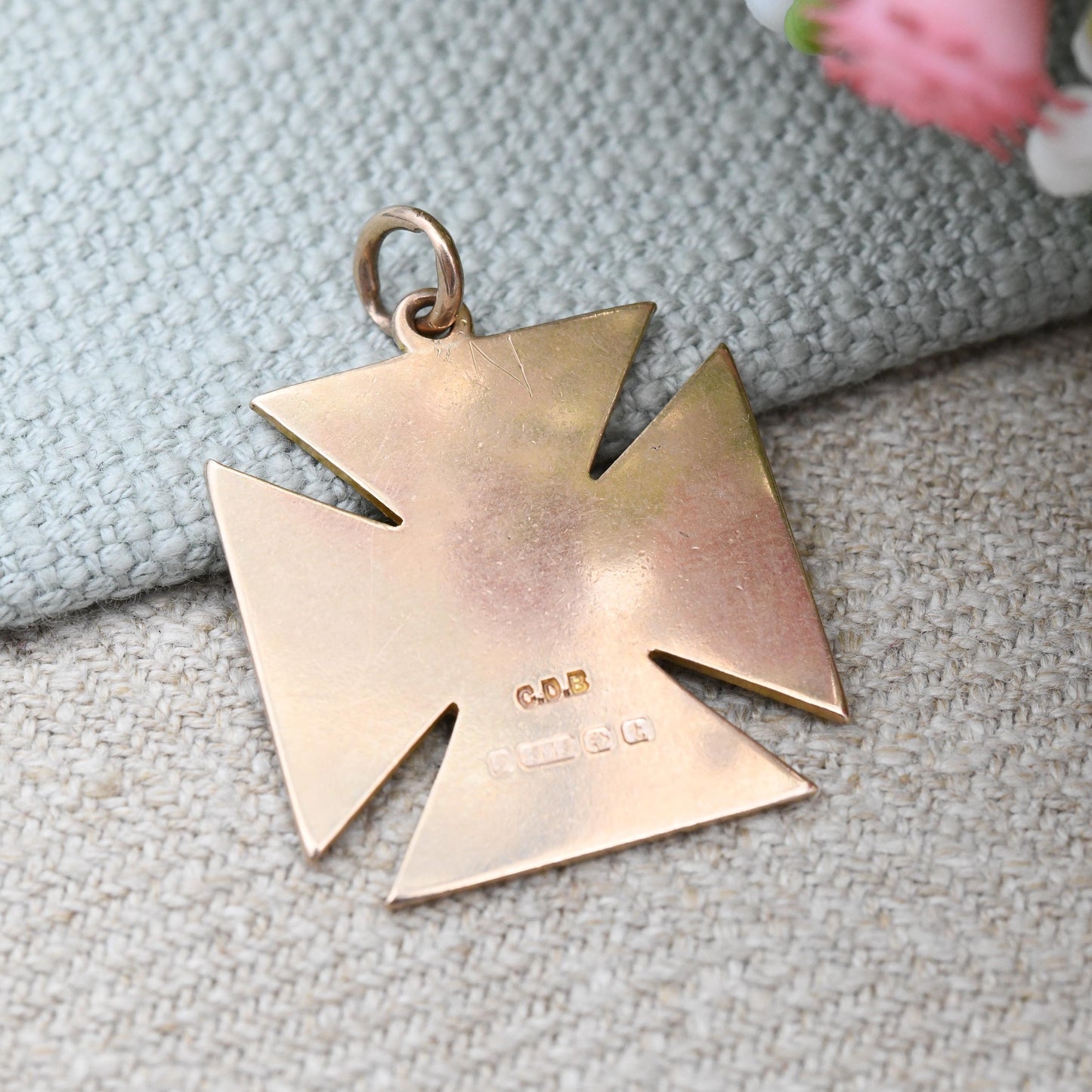 Antique 9ct Gold Square Cross Fob 1918 Scrolling Engraved - Solid Gold Maltese Cross Watch Fob Pendant | Blank for Engraving | Rose Gold