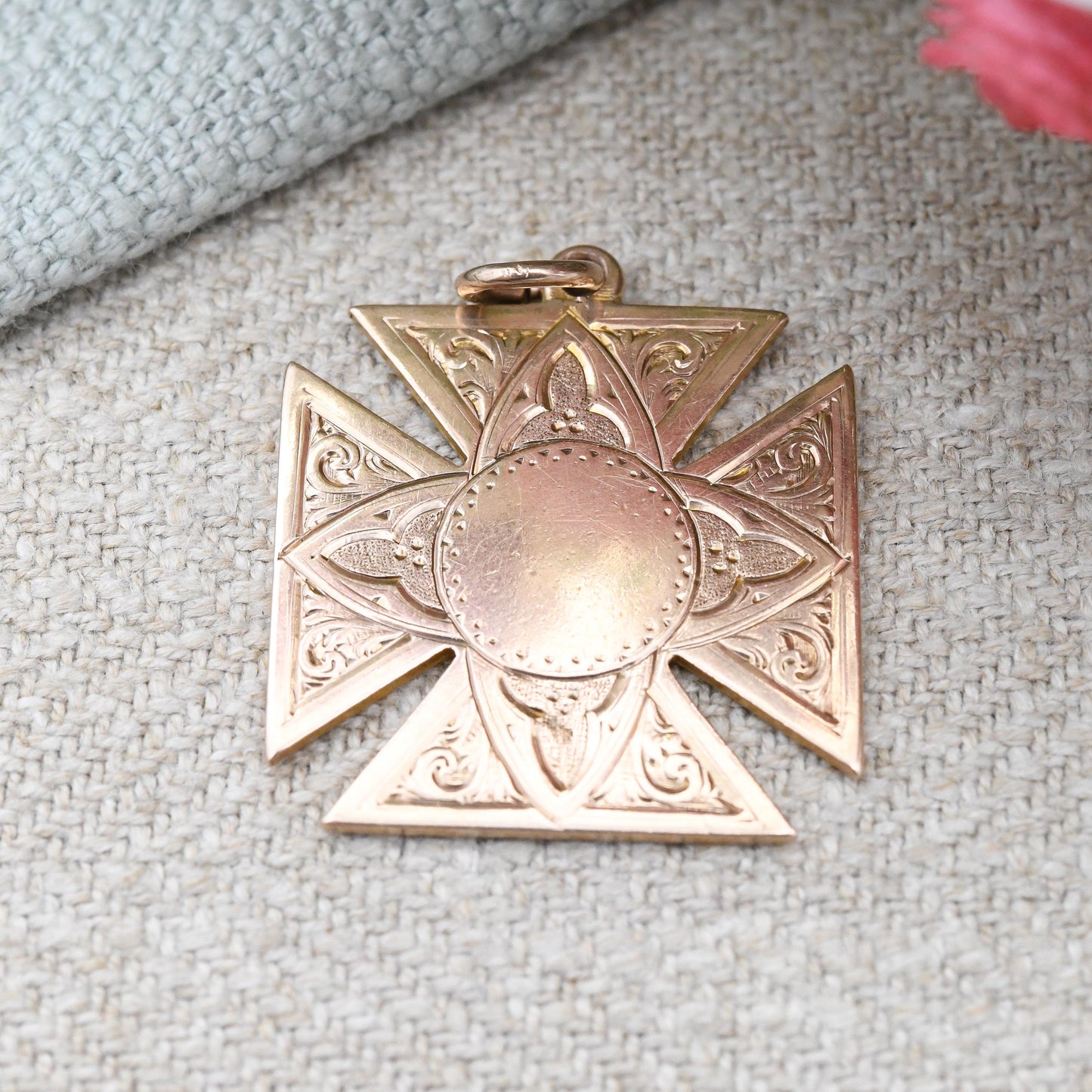 Antique 9ct Gold Square Cross Fob 1918 Scrolling Engraved - Solid Gold Maltese Cross Watch Fob Pendant | Blank for Engraving | Rose Gold
