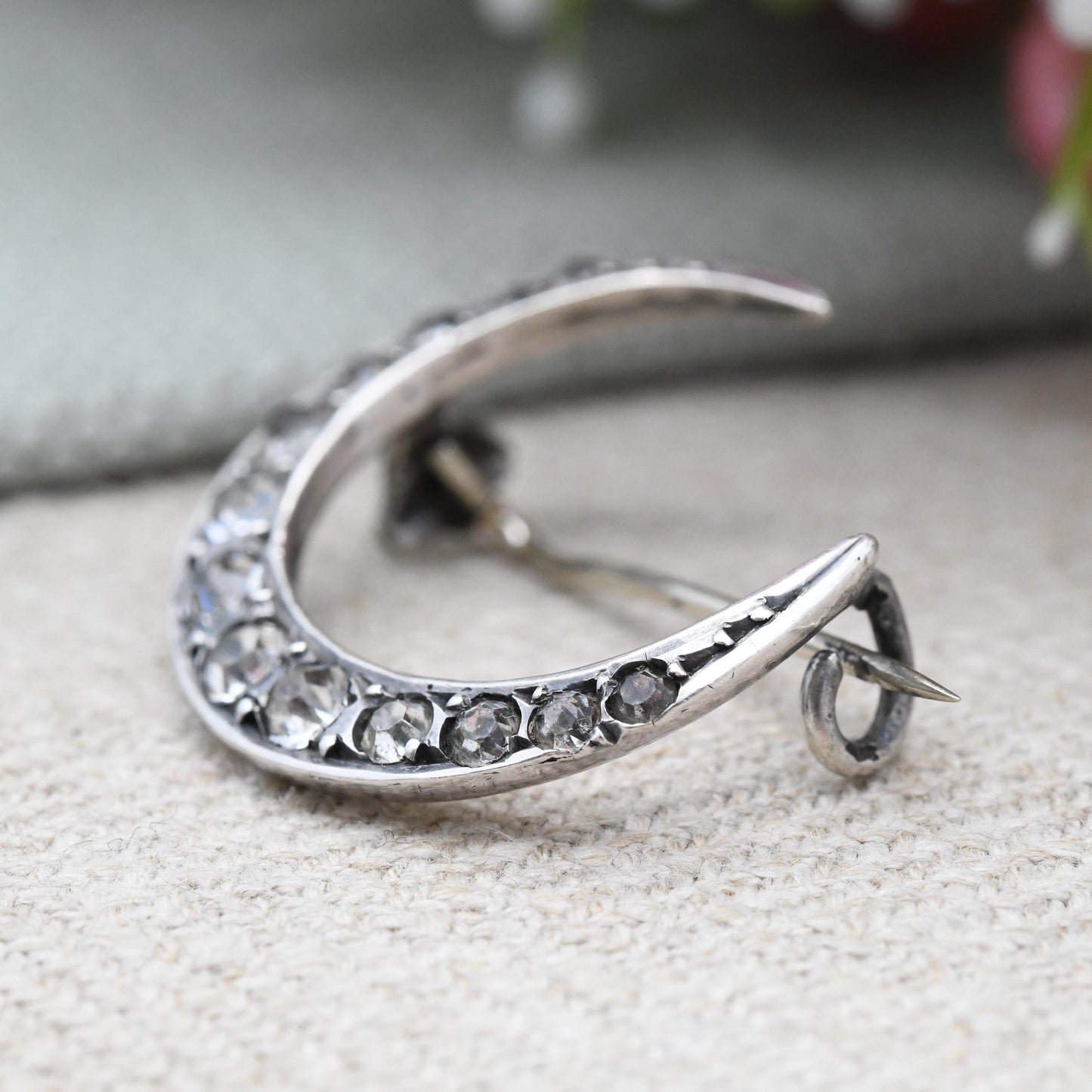 Antique Victorian Sterling Silver Paste Crescent Moon Brooch - Clear Crystal Stones | Unisex Statement Celestial Jewellery Gift for Her
