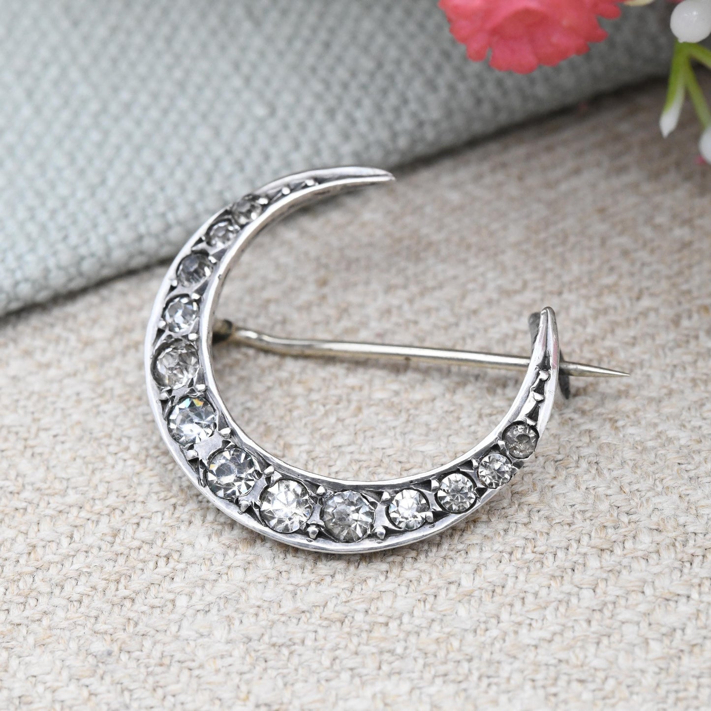 Antique Victorian Sterling Silver Paste Crescent Moon Brooch - Clear Crystal Stones | Unisex Statement Celestial Jewellery Gift for Her