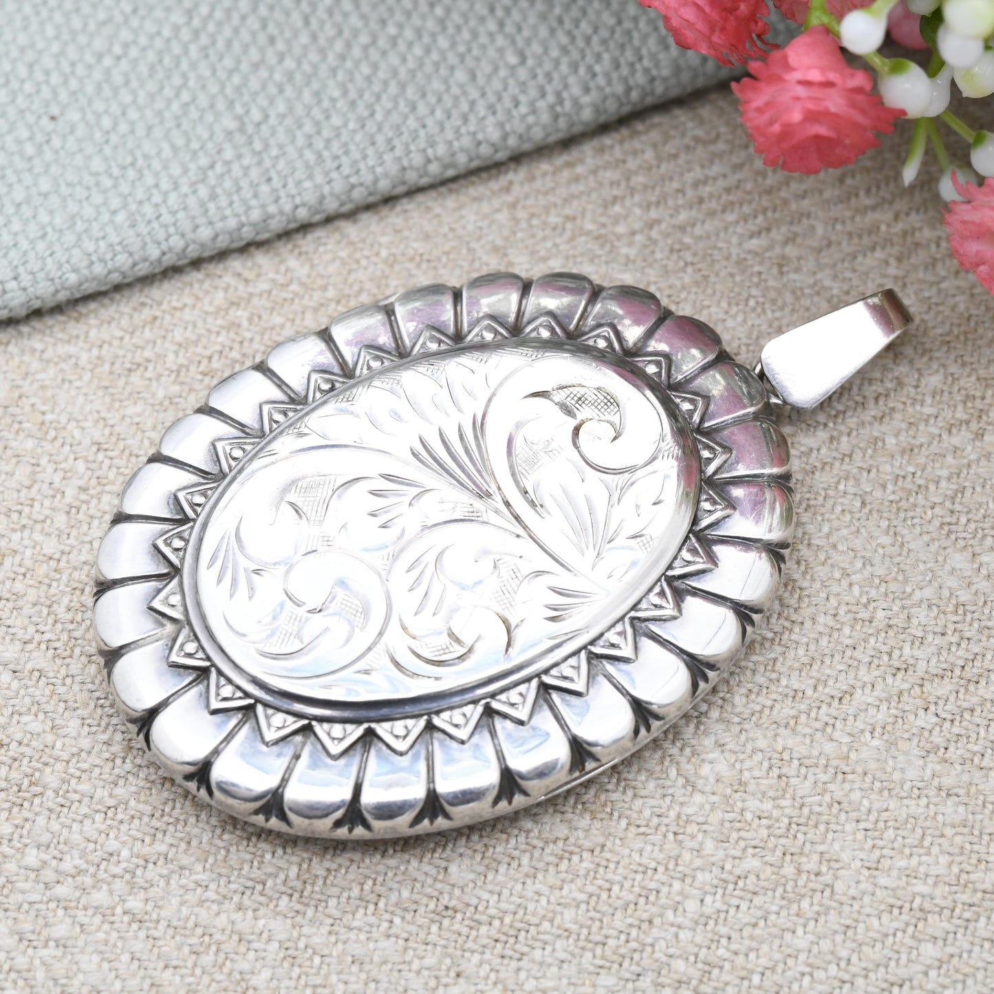 Vintage Sterling Silver Locket Pendant with Engraved Scrolling Design 1974 by Joseph Smith & Sons - Chunky Large Oval Locket Victorian Style