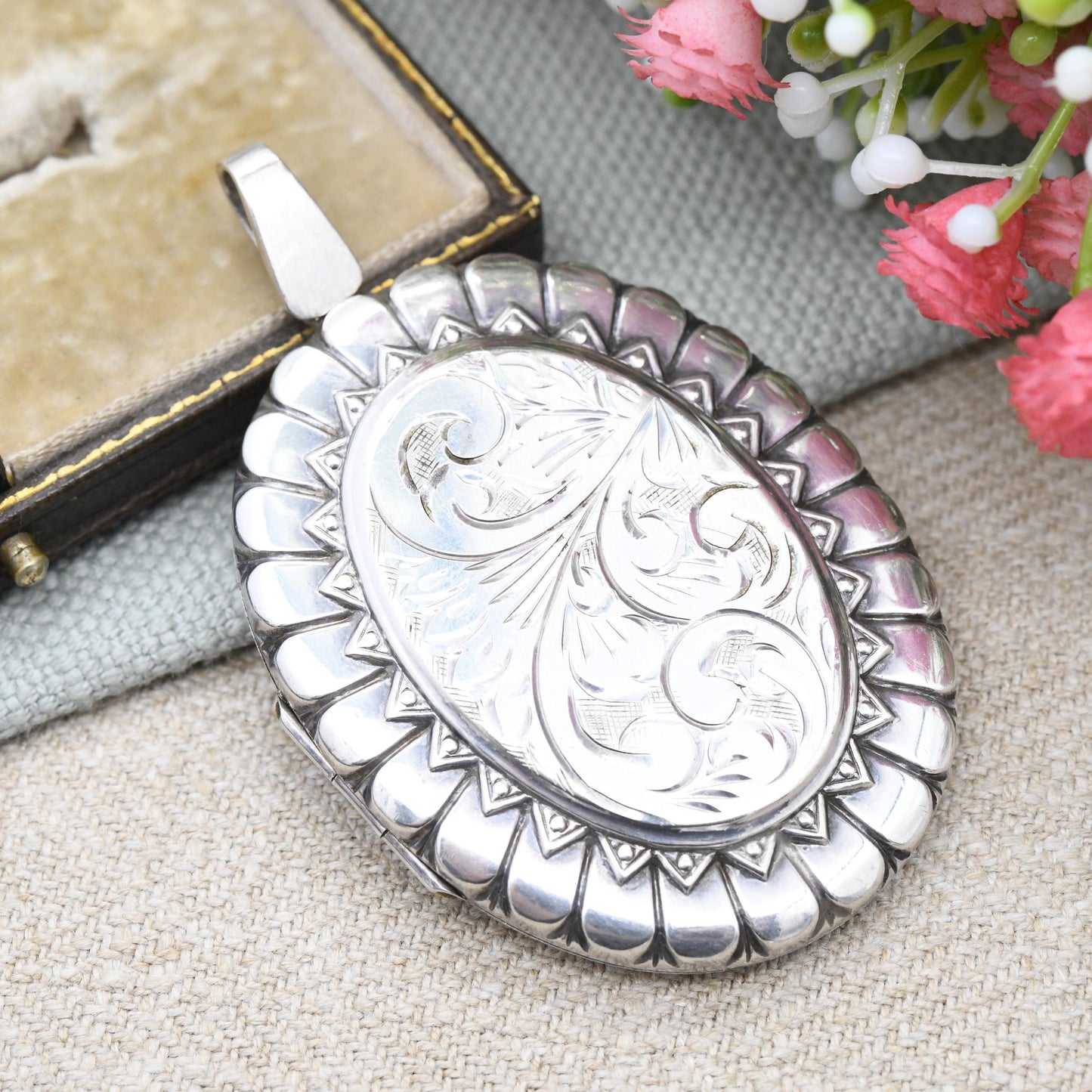 Vintage Sterling Silver Locket Pendant with Engraved Scrolling Design 1974 by Joseph Smith & Sons - Chunky Large Oval Locket Victorian Style