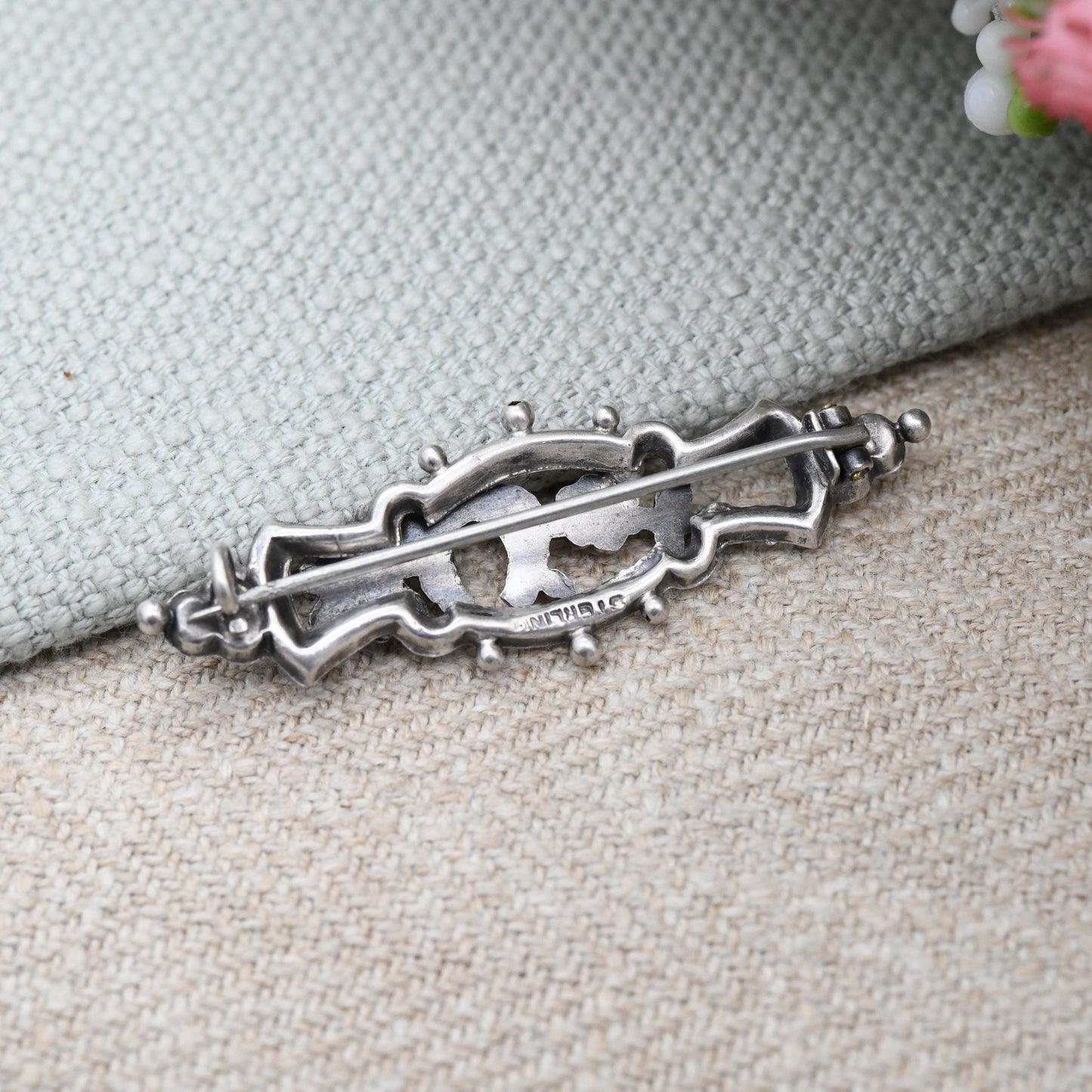 Antique Victorian Sterling Silver Lucky Horseshoe Aesthetic Movement Brooch with Rose Gold Front - Engraved Flowers Design Nature Brooch