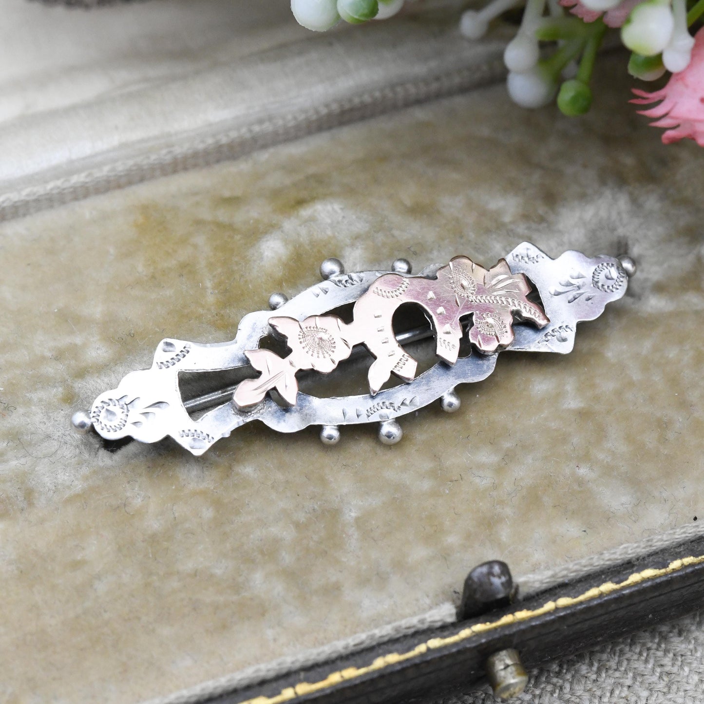 Antique Victorian Sterling Silver Lucky Horseshoe Aesthetic Movement Brooch with Rose Gold Front - Engraved Flowers Design Nature Brooch