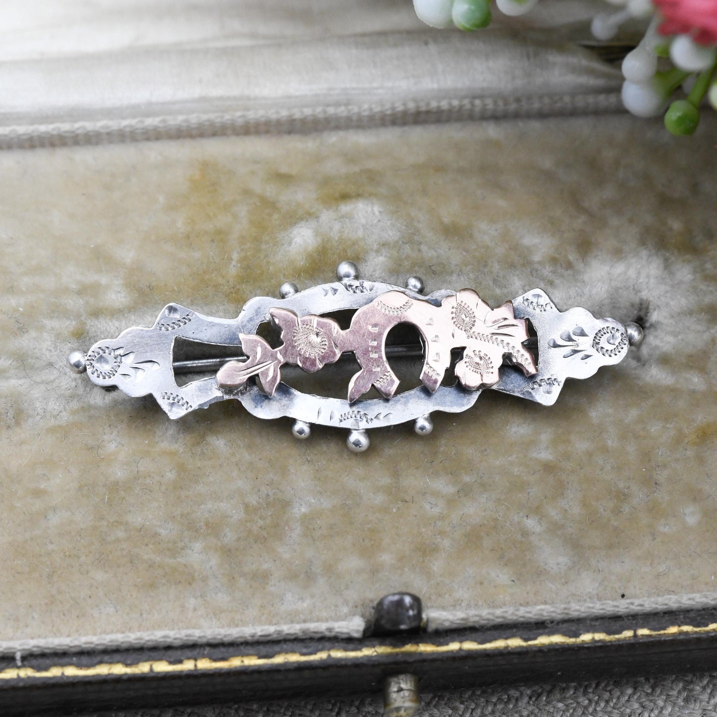 Antique Victorian Sterling Silver Lucky Horseshoe Aesthetic Movement Brooch with Rose Gold Front - Engraved Flowers Design Nature Brooch