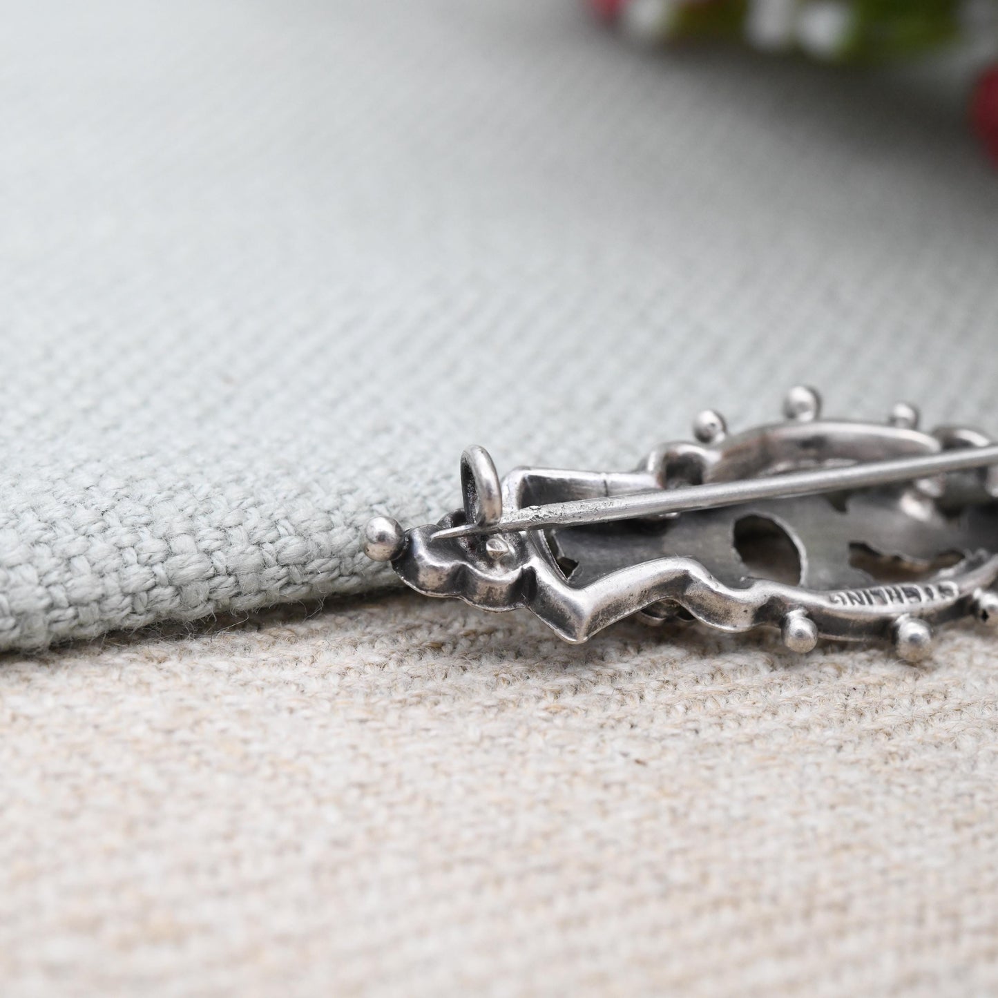 Antique Victorian Sterling Silver Lucky Horseshoe Aesthetic Movement Brooch with Rose Gold Front - Engraved Flowers Design Nature Brooch