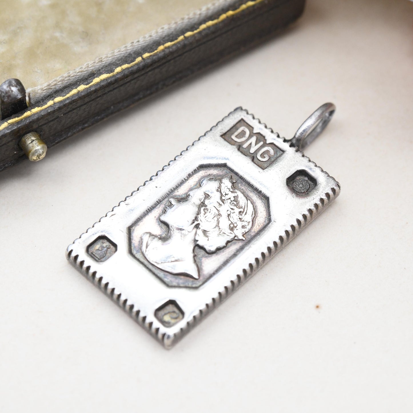 Vintage Britannia Silver Elizabeth II Silver Jubilee Ingot Pendant 1977 by DNG - Large Queen Elizabeth Jubilee Head Stamp Style | 958 Silver
