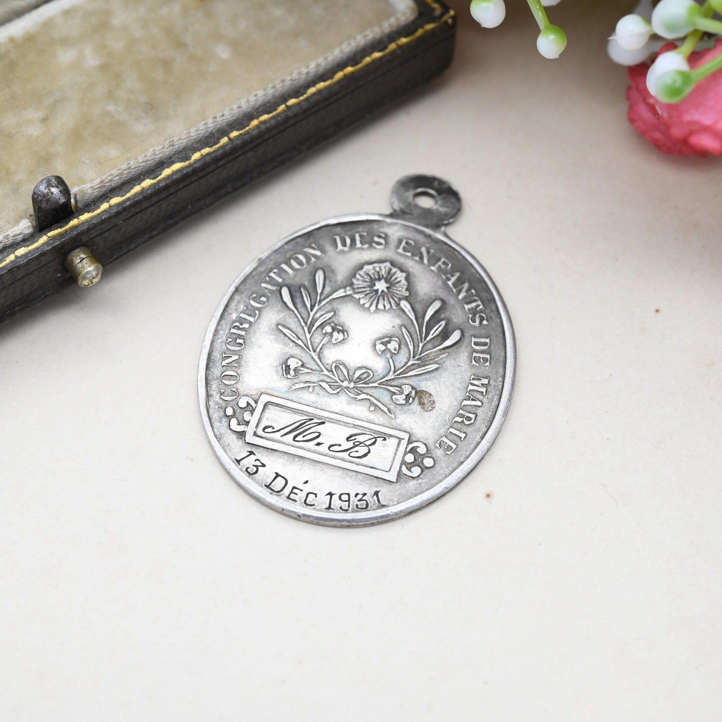 Vintage French Silver Virgin Mary Pendant 1931 - Latin Matrem Show That You Are Mother Congregation of the Children of Mary Christian Medal