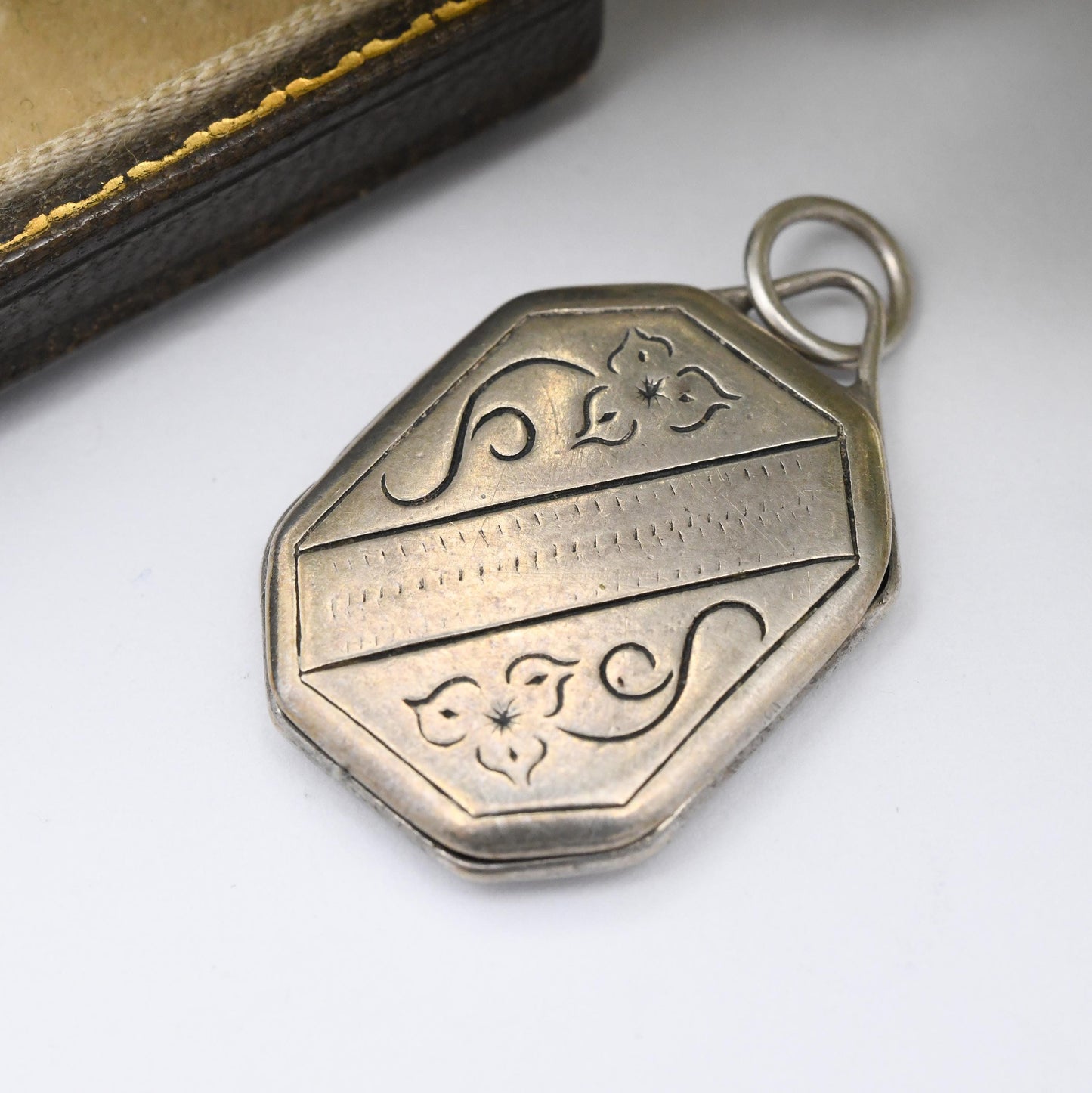 Antique Silver Locket Pendant Necklace with Engraved Flower Design - Rectangle Octagon Shape | Pretty Silver Gift for Her