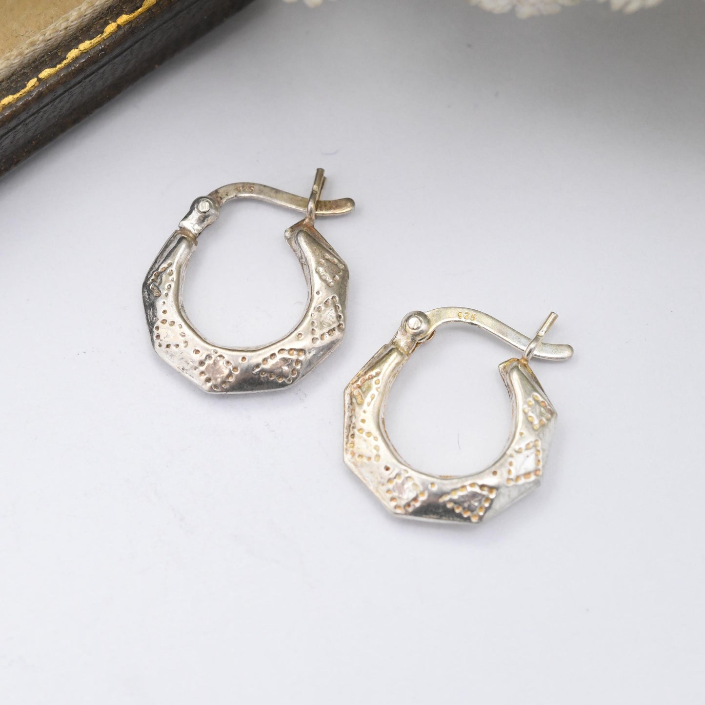 Vintage Sterling Silver Creole Hoop Earrings - Hand Punched Engraved | Latch Back Round Hoops | Chunky Little Silver Sleeper Earrings