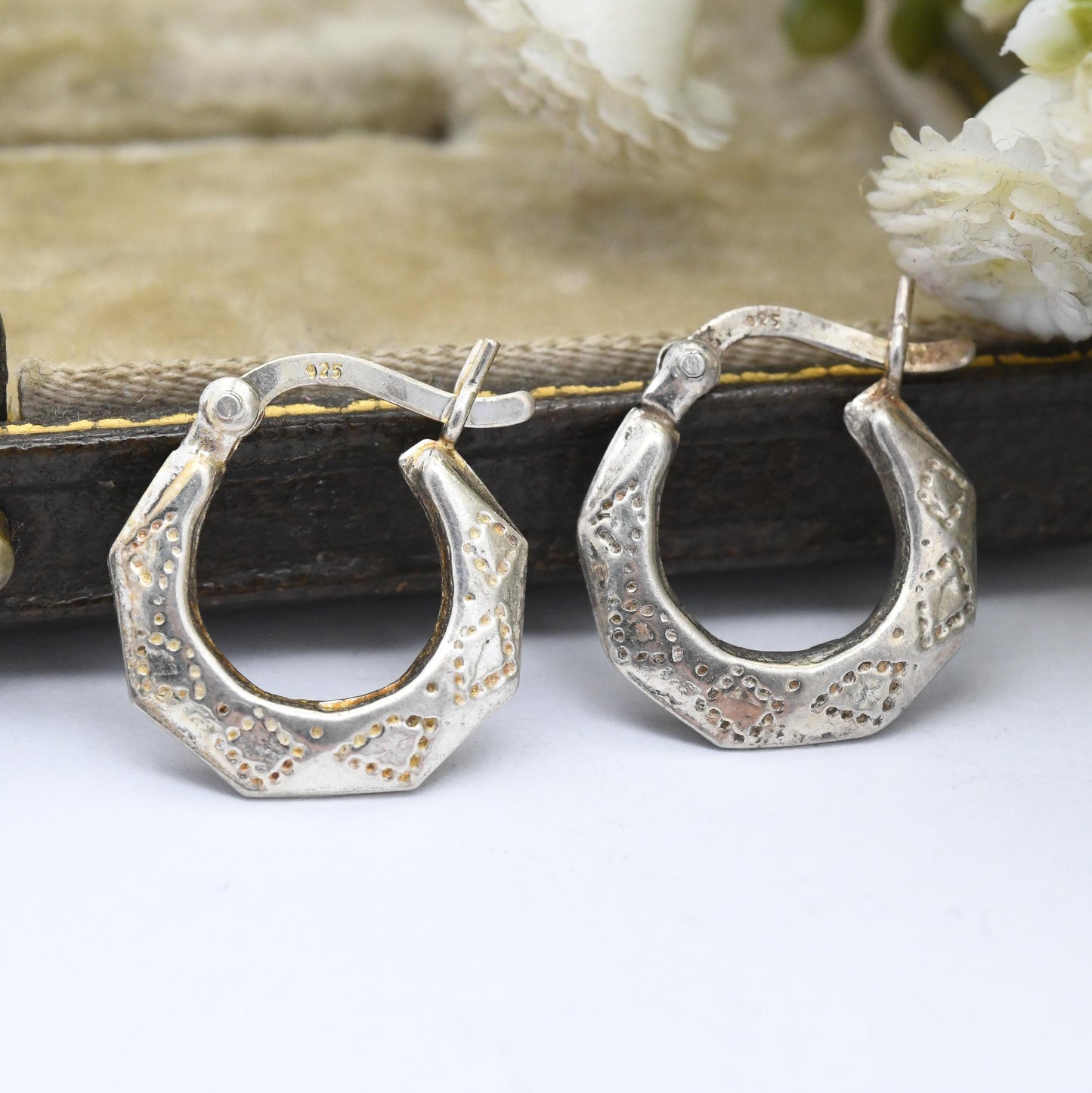 Vintage Sterling Silver Creole Hoop Earrings - Hand Punched Engraved | Latch Back Round Hoops | Chunky Little Silver Sleeper Earrings