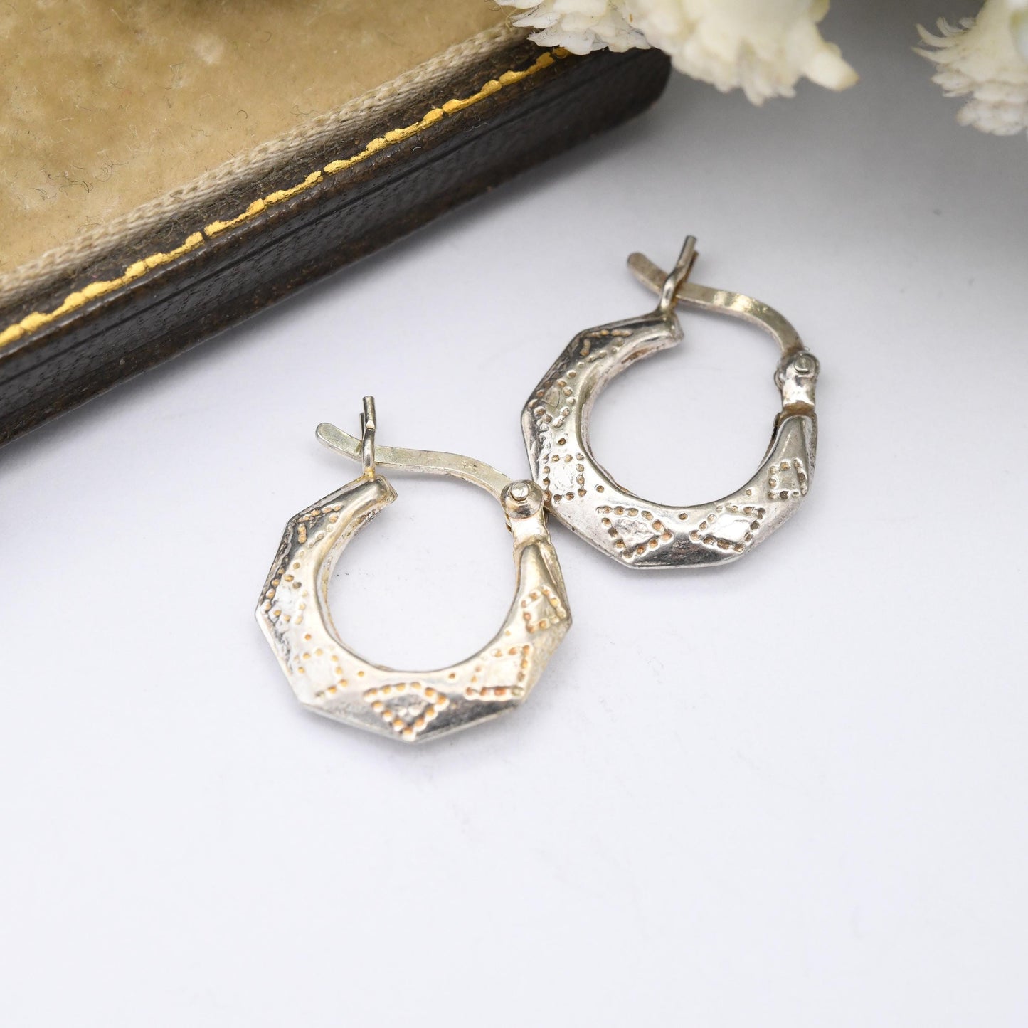 Vintage Sterling Silver Creole Hoop Earrings - Hand Punched Engraved | Latch Back Round Hoops | Chunky Little Silver Sleeper Earrings
