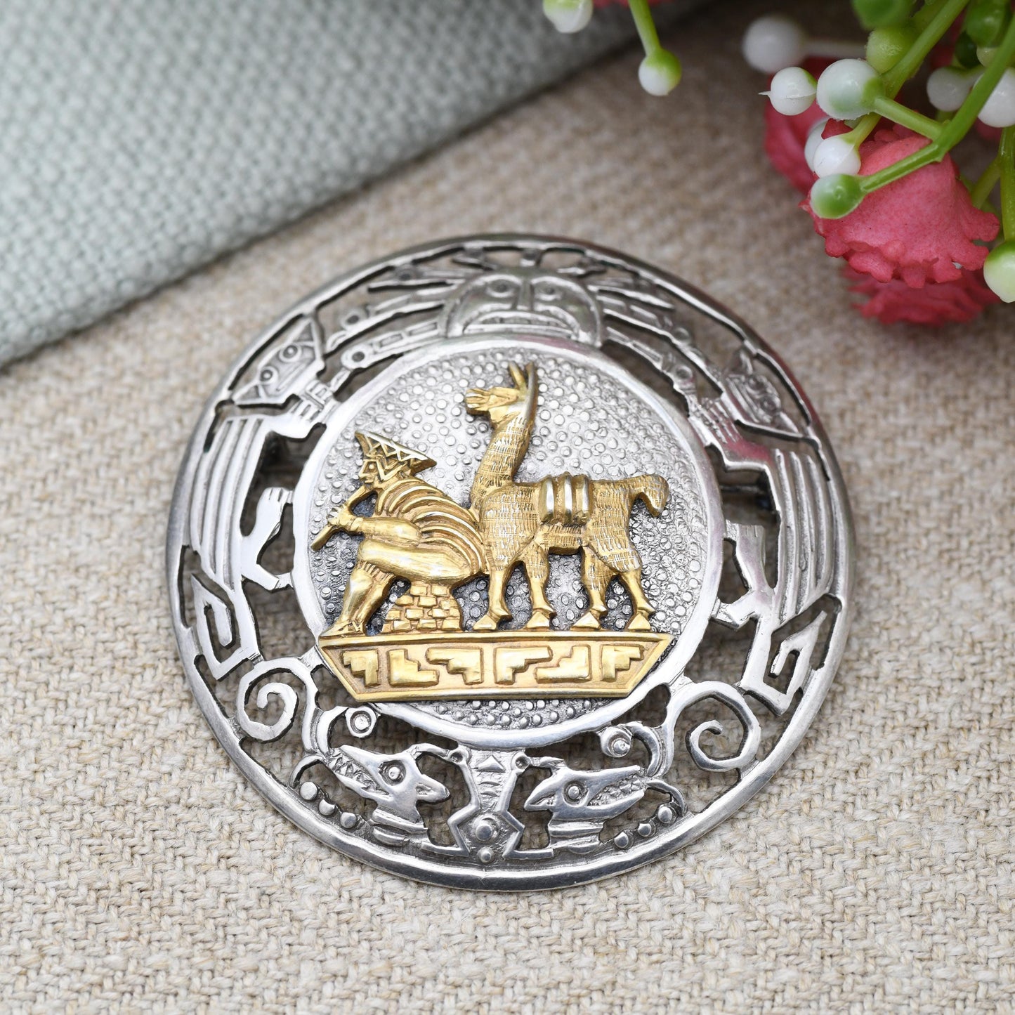 Vintage Peru Sterling Silver Man and Llama Brooch Pendant PMD - Peruvian Silver Jewellery South American Design Musician Flute Player Alpaca