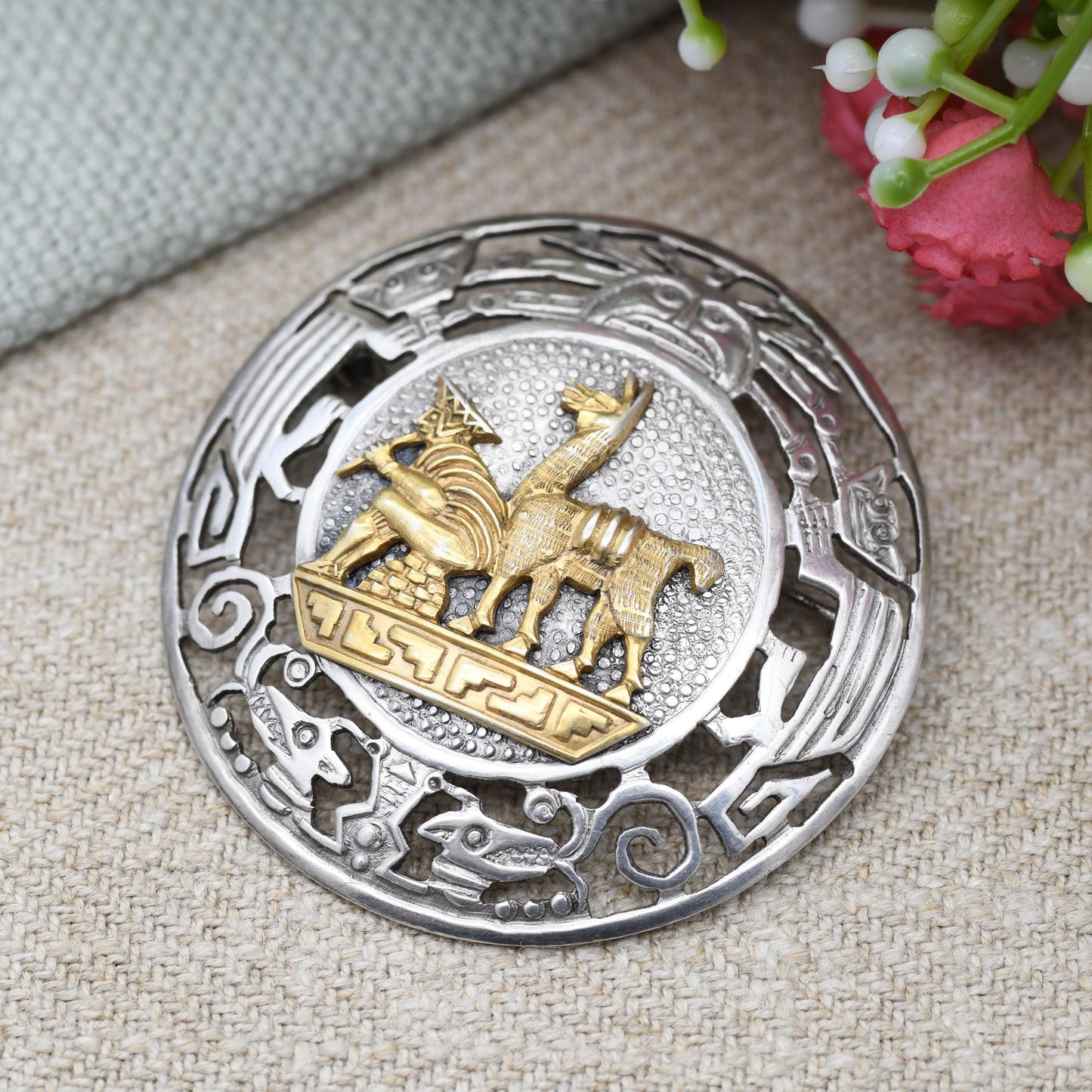 Vintage Peru Sterling Silver Man and Llama Brooch Pendant PMD - Peruvian Silver Jewellery South American Design Musician Flute Player Alpaca