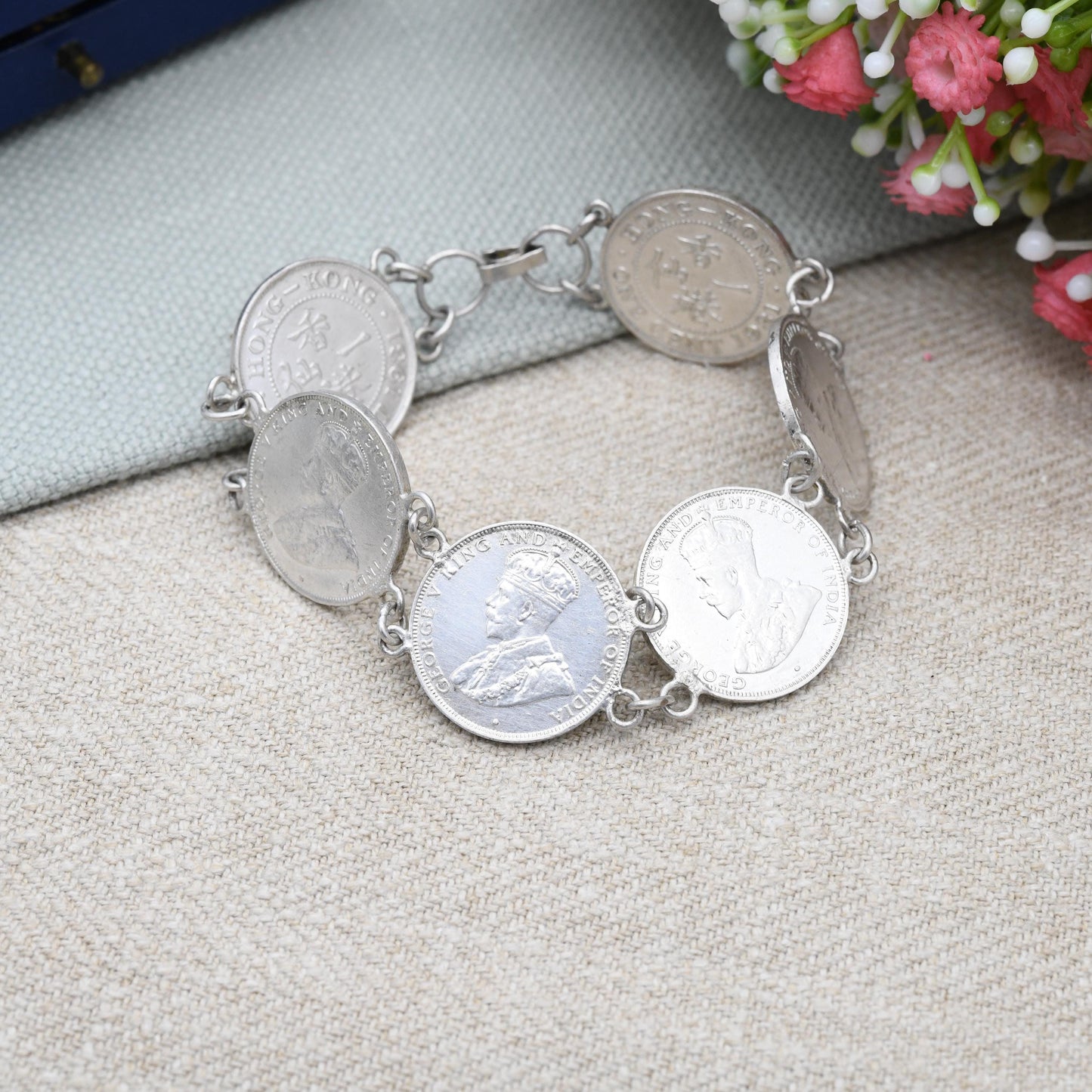 Vintage Hong Kong One Cent Coin Bracelet 1931 1934 - George V King and Emperor | Small Type Chinese Coin Souvenir Jewellery | Silver Plated