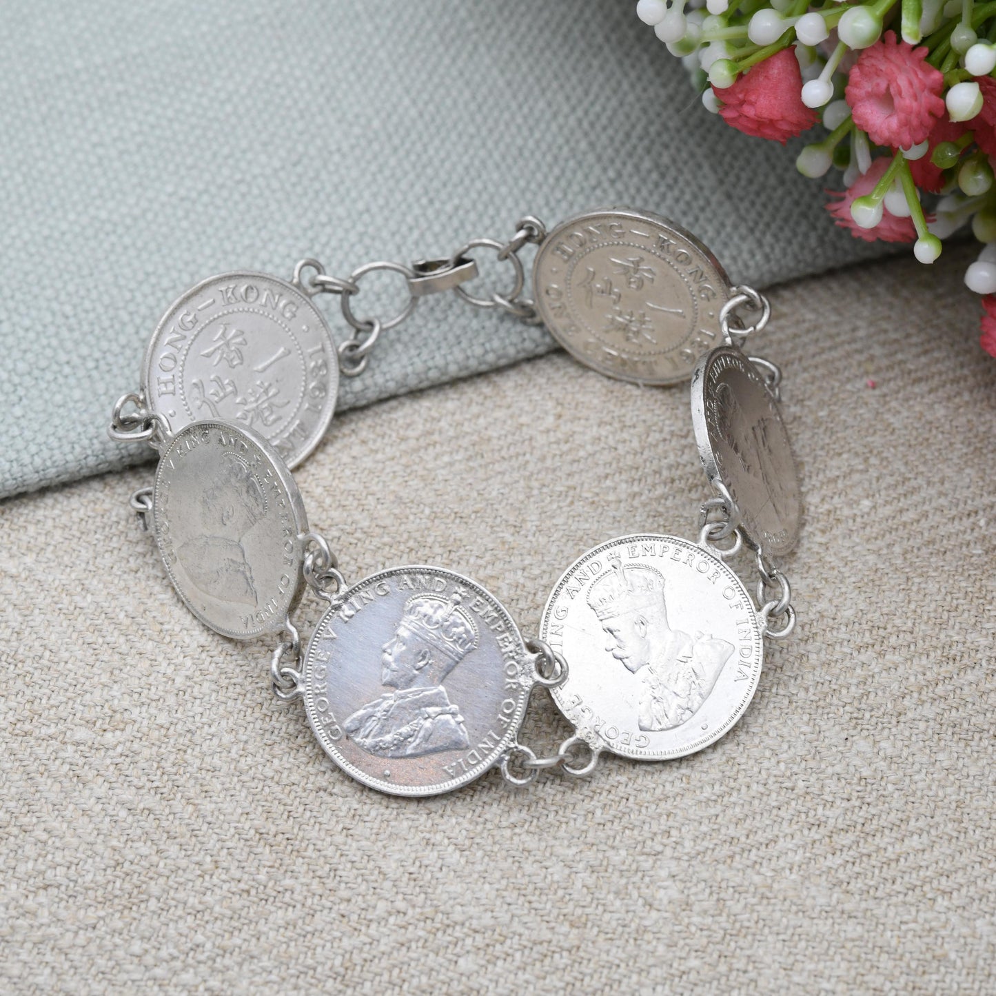 Vintage Hong Kong One Cent Coin Bracelet 1931 1934 - George V King and Emperor | Small Type Chinese Coin Souvenir Jewellery | Silver Plated