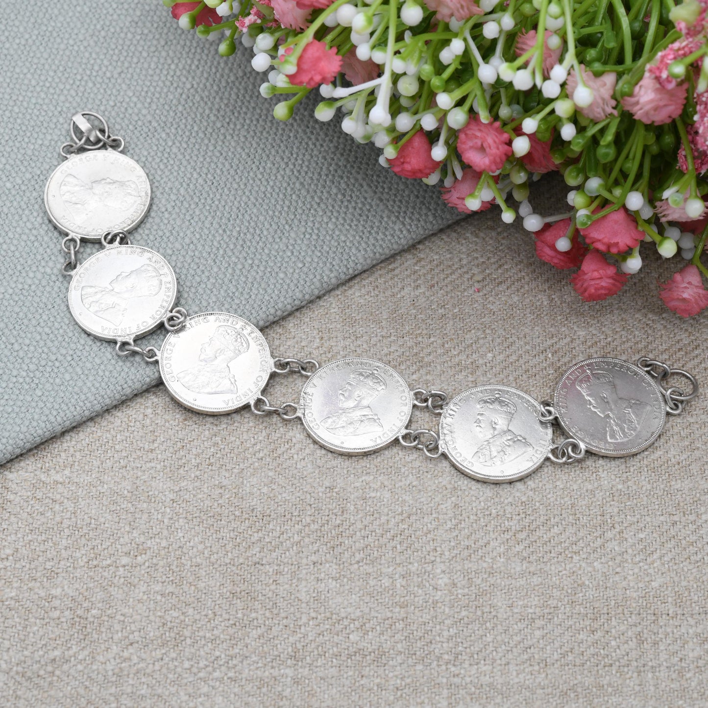 Vintage Hong Kong One Cent Coin Bracelet 1931 1934 - George V King and Emperor | Small Type Chinese Coin Souvenir Jewellery | Silver Plated