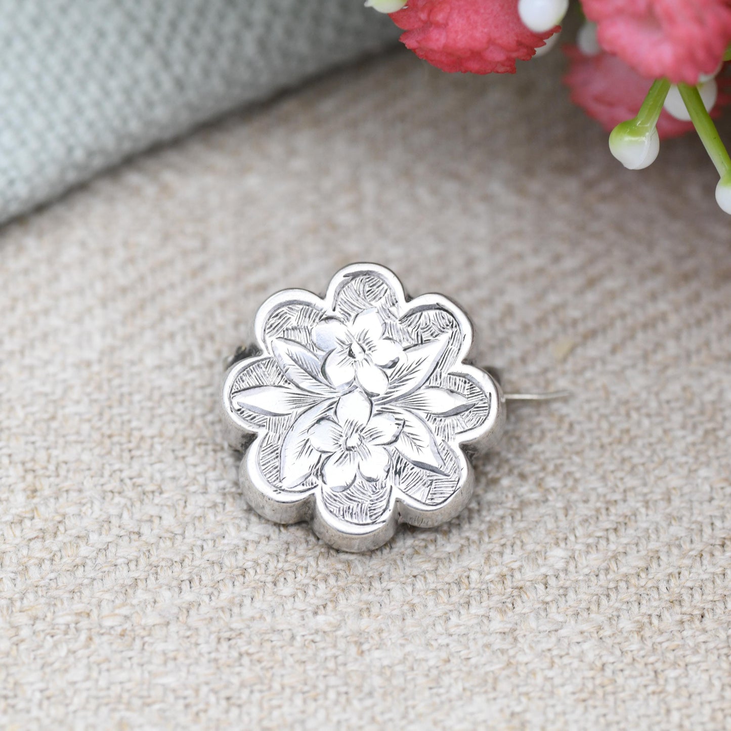 Antique Victorian Silver Aesthetic Movement Flower Brooch - Small Pin Pretty Hand Engraved Floral Design | Extended Pin