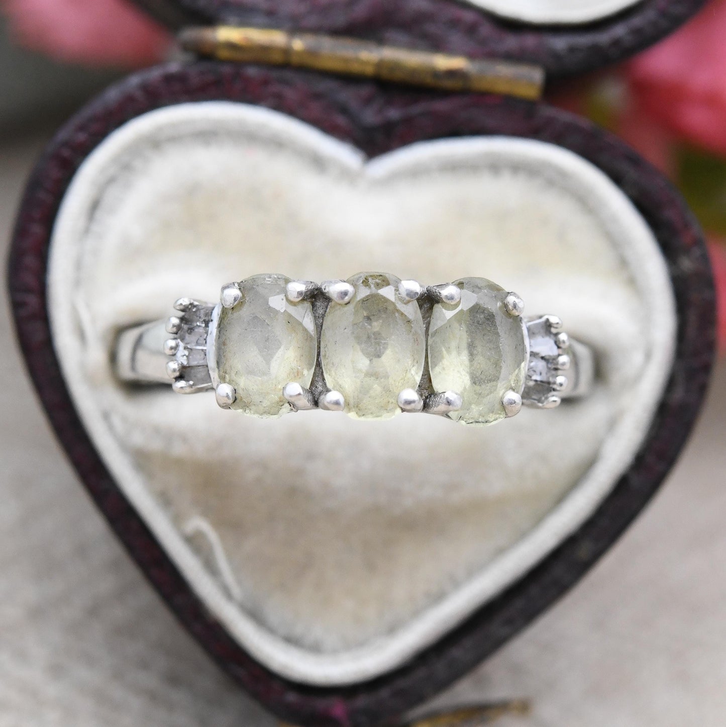 Vintage Sterling Silver Peridot Trilogy Ring Three Stone with Diamond Side Stones - Pretty Green Gemstone | UK Size - M 1/2 US Size - 6 1/2