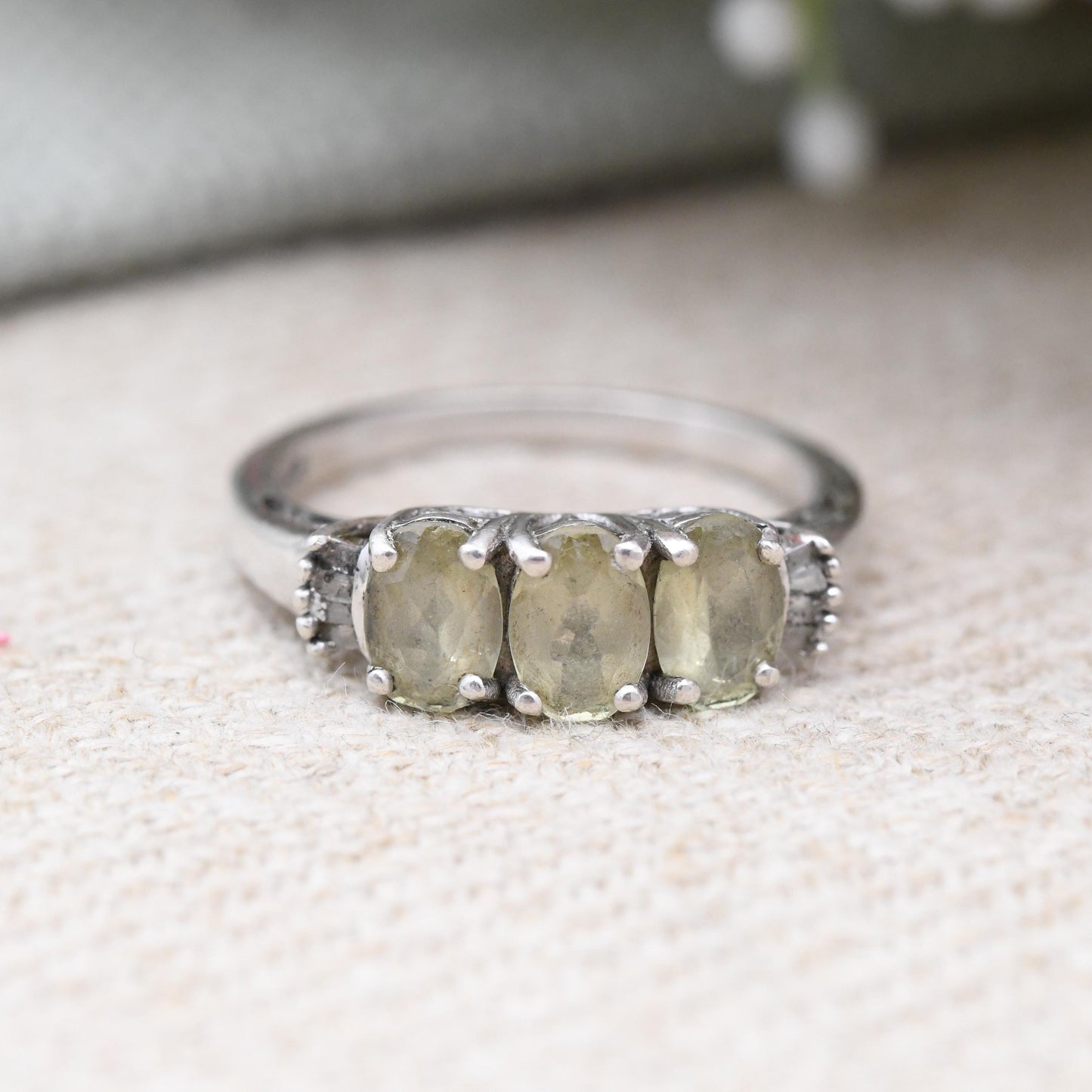 Vintage Sterling Silver Peridot Trilogy Ring Three Stone with Diamond Side Stones - Pretty Green Gemstone | UK Size - M 1/2 US Size - 6 1/2