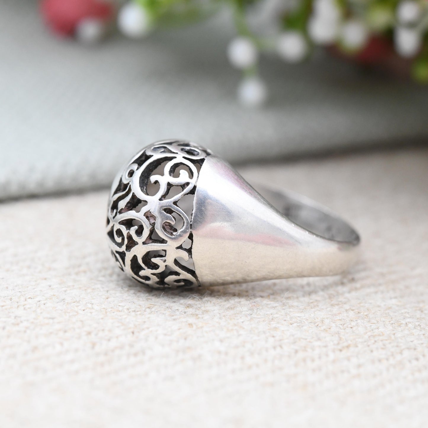Vintage Israel Sterling Silver Domed Ring with Openwork Scrolling Design - Chunky Mid-Century Israeli | UK Size - O 1/2 | US Size - 7 1/2