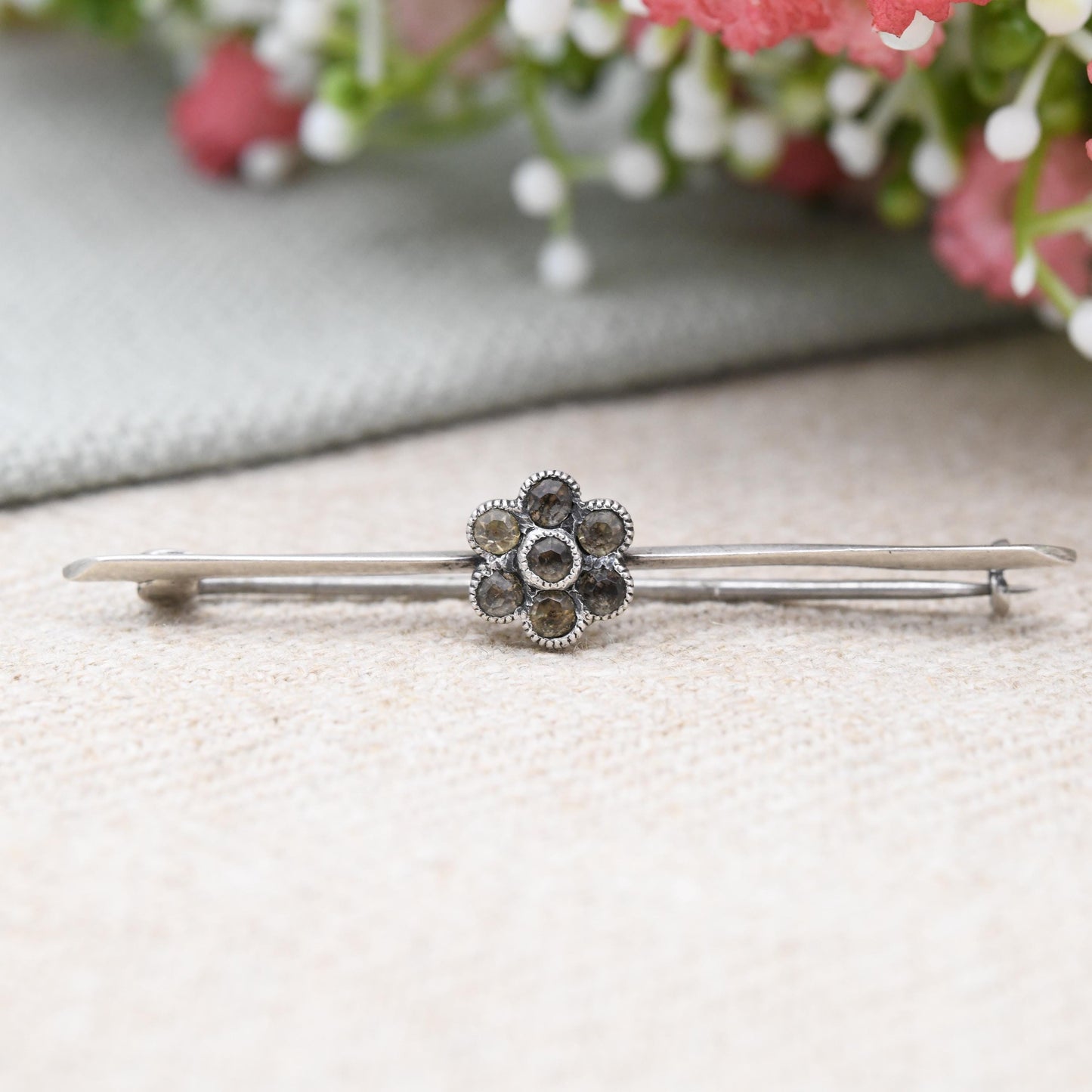 Antique Sterling Silver Daisy Flower Bar Brooch with Clear Paste Stones - c. 1920s Art Deco Era Pretty Silver Jewellery Gift for Her