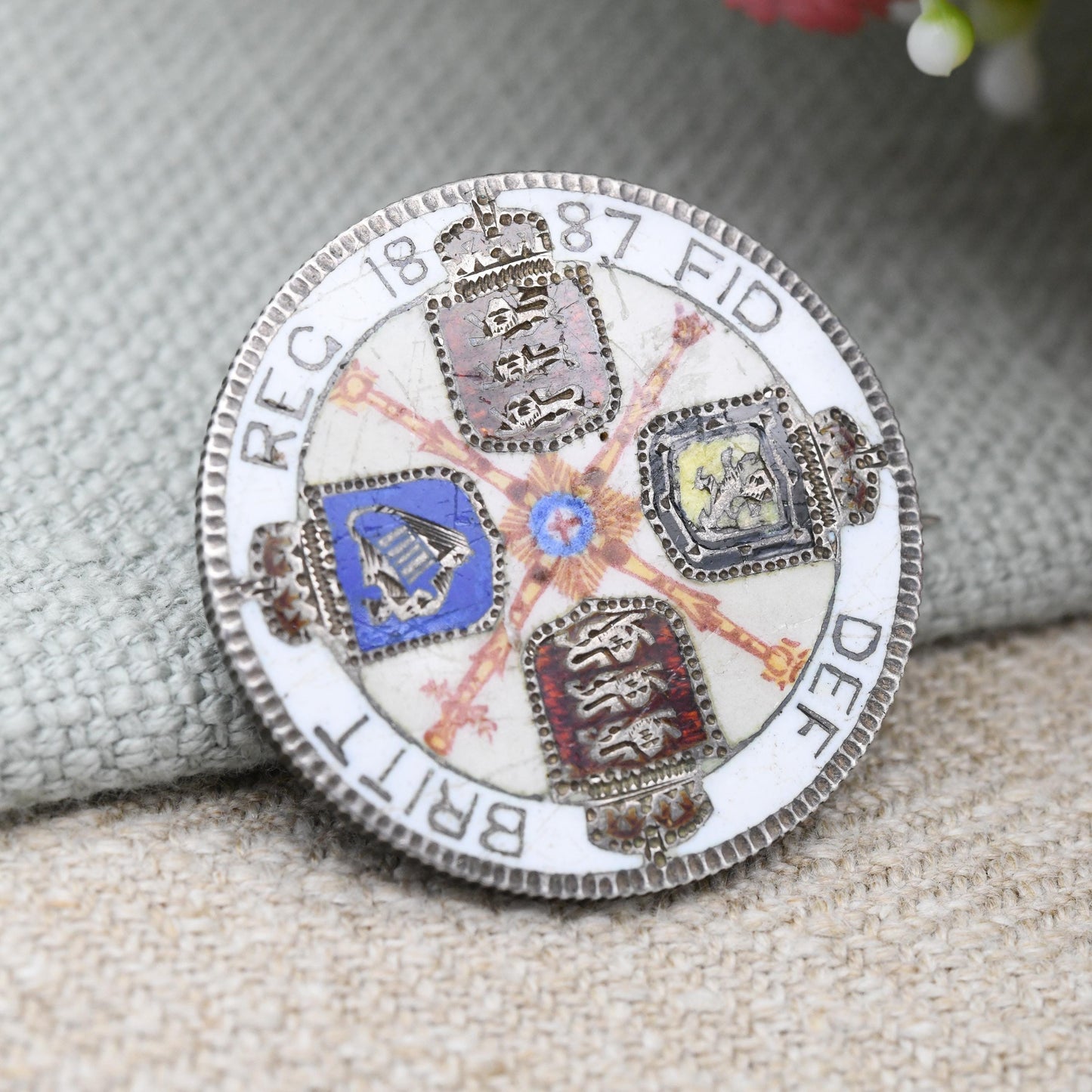 Antique Sterling Silver 1887 Victoria One Florin Coin Brooch Two Shillings - Colourful Enamel Coin Jewellery | Painted Sceptre Shield Design