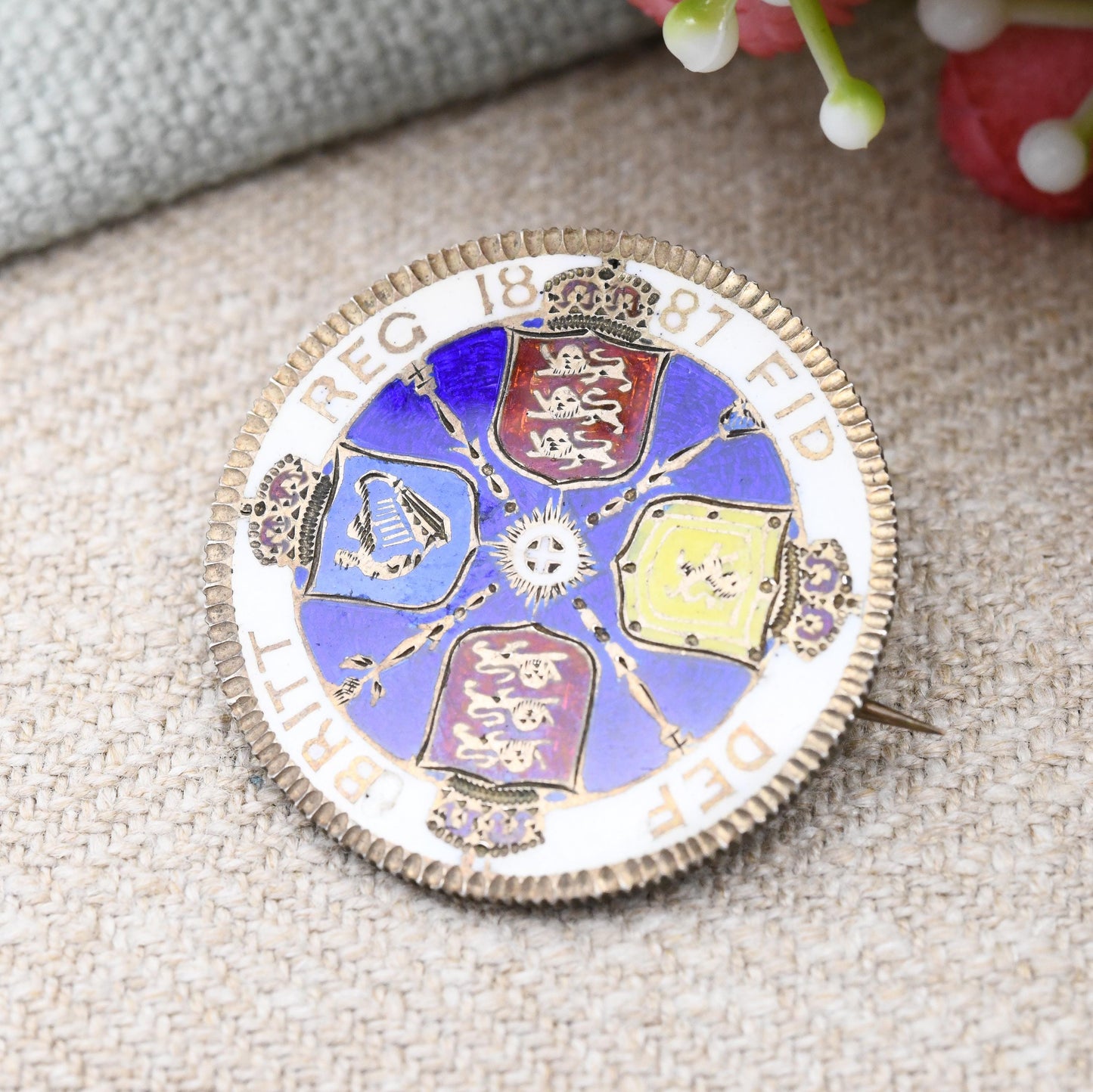 Antique Sterling Silver 1887 Victoria One Florin Coin Brooch Two Shillings - Colourful Enamel Coin Jewellery Painted Blue Shield Design Gift
