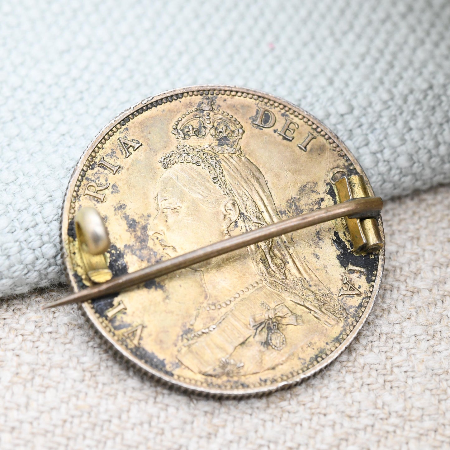 Antique Sterling Silver 1887 Victoria One Florin Coin Brooch Two Shillings - Colourful Enamel Coin Jewellery Painted Blue Shield Design Gift