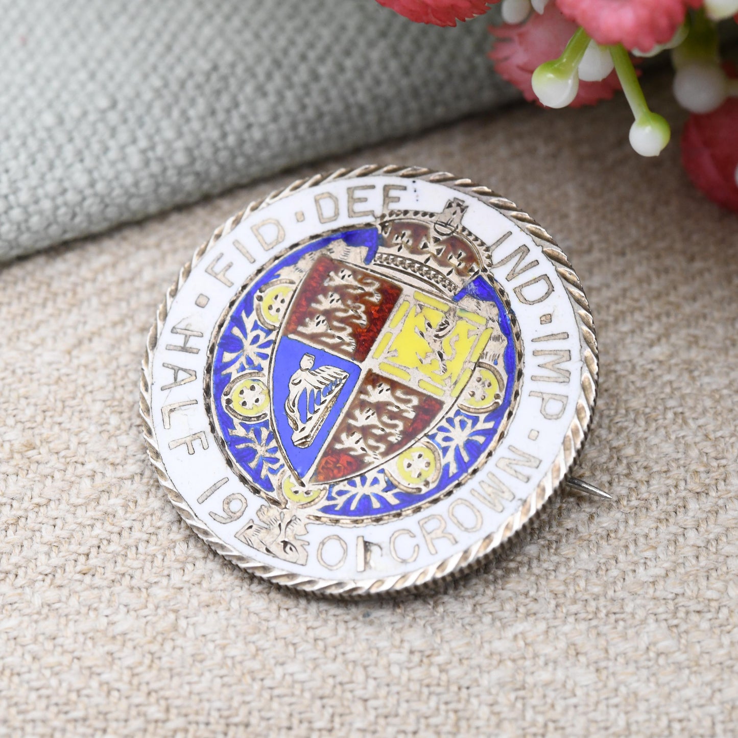 Antique Sterling Silver 1901 Victoria Half Crown Enamel Coin Brooch - Bright Colourful Enamelled Coin Jewellery Hand Painted Shield Design
