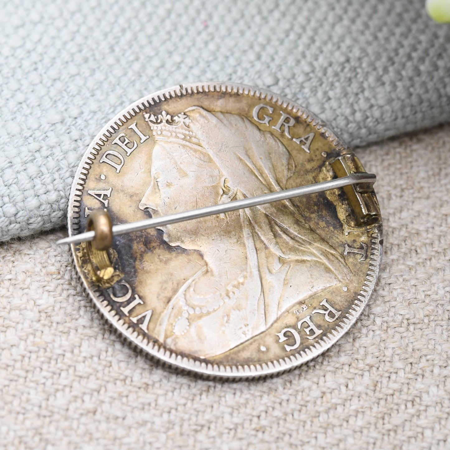 Antique Sterling Silver 1901 Victoria Half Crown Enamel Coin Brooch - Bright Colourful Enamelled Coin Jewellery Hand Painted Shield Design