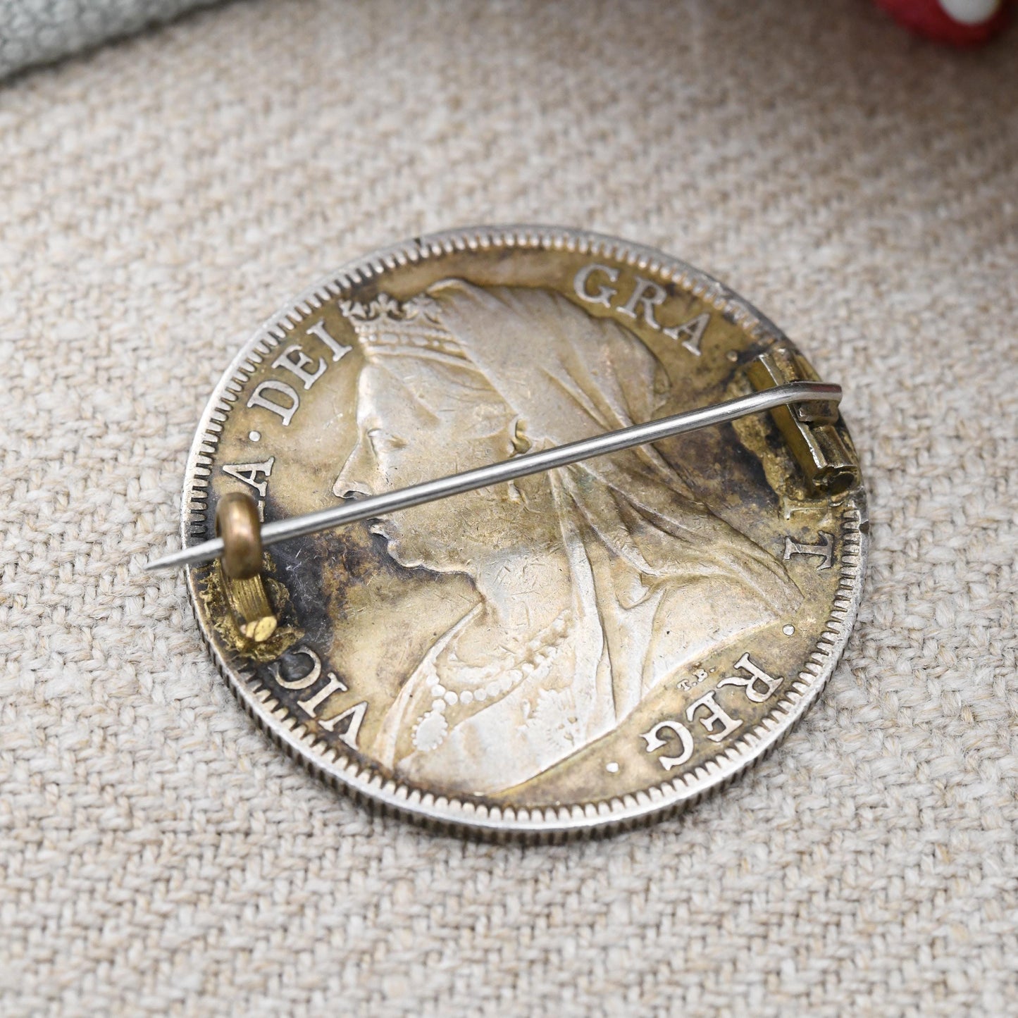 Antique Sterling Silver 1901 Victoria Half Crown Enamel Coin Brooch - Bright Colourful Enamelled Coin Jewellery Hand Painted Shield Design