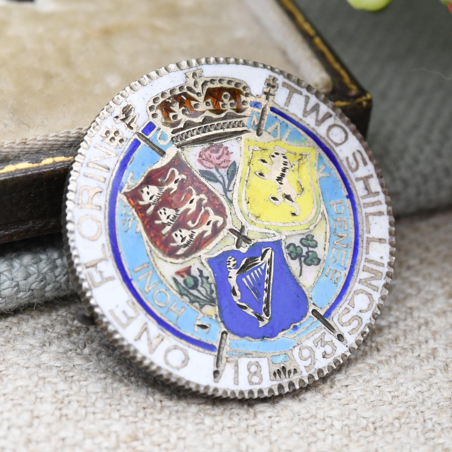 Antique Sterling Silver 1893 Victoria Two Shilling Coin Brooch One Florin - Colourful Enamel Coin Jewellery Painted Flowers Thistle Shield