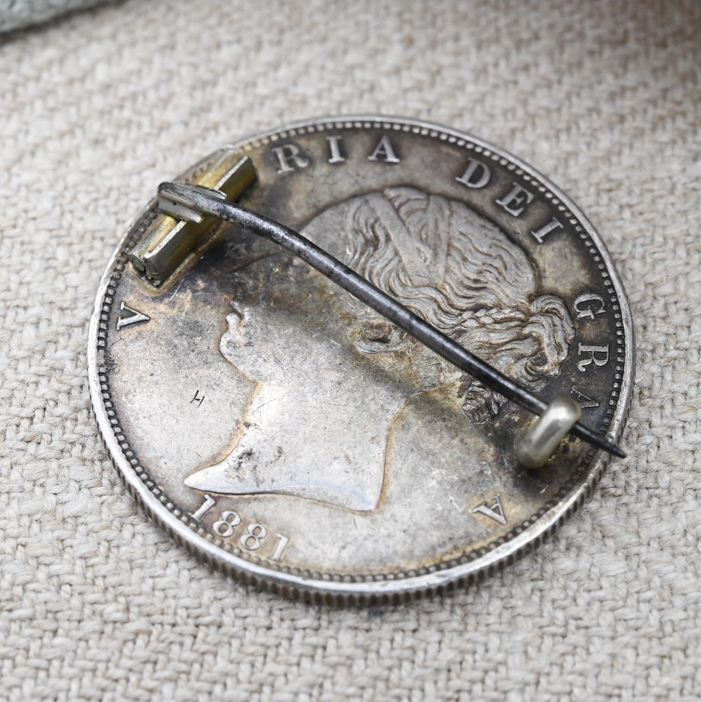 Antique Sterling Silver 1881 Victoria Half Crown Coin Brooch - Colourful Enamel Coin Jewellery Large Blue Shield Flags Design Young Head