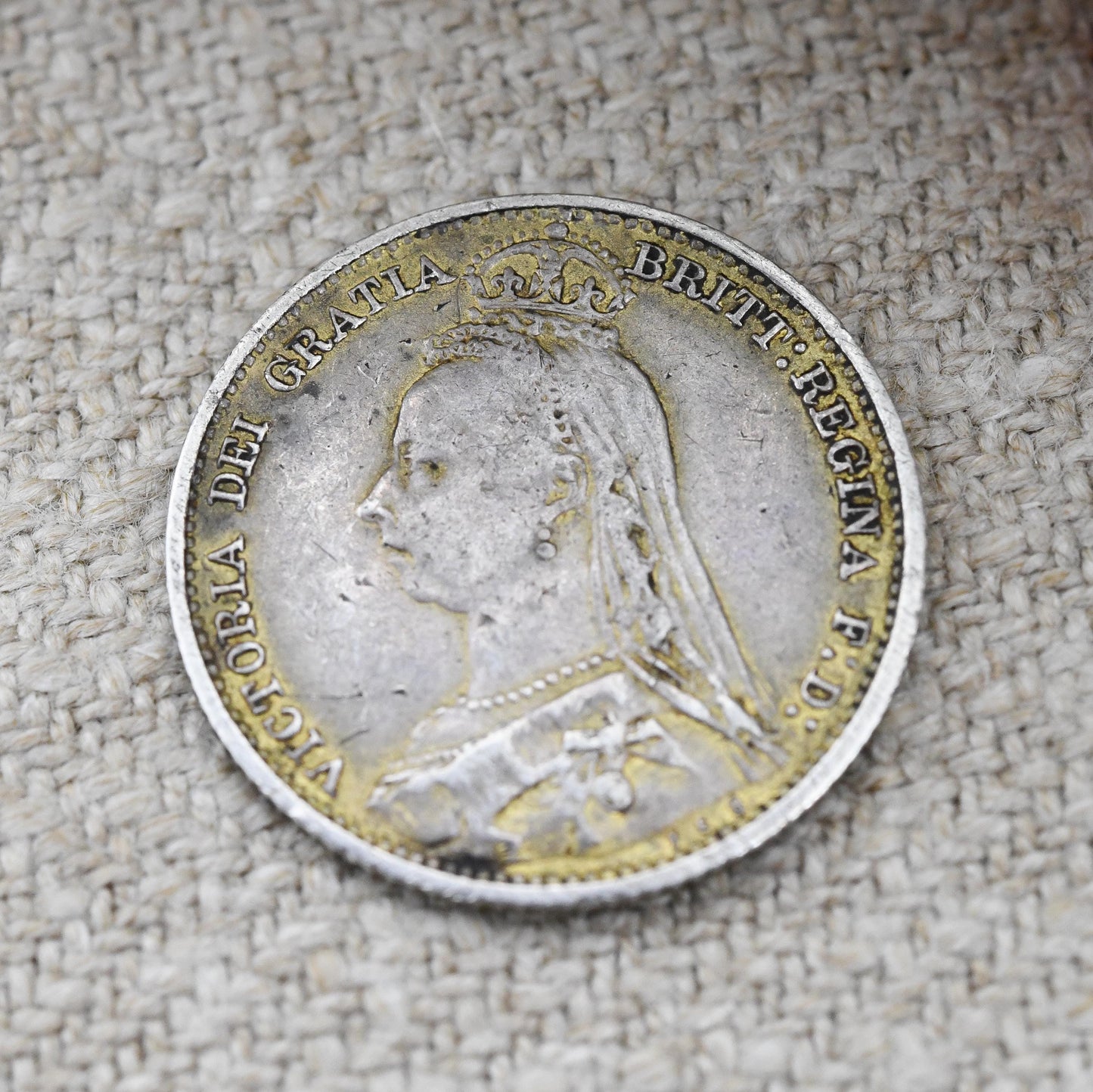 Antique Enamelled Sterling Silver 1887 Victoria Sixpence Coin - Colourful Enamel Coin Jewellery Honi Soit Qui Mal Y Pense Shield Design Coin