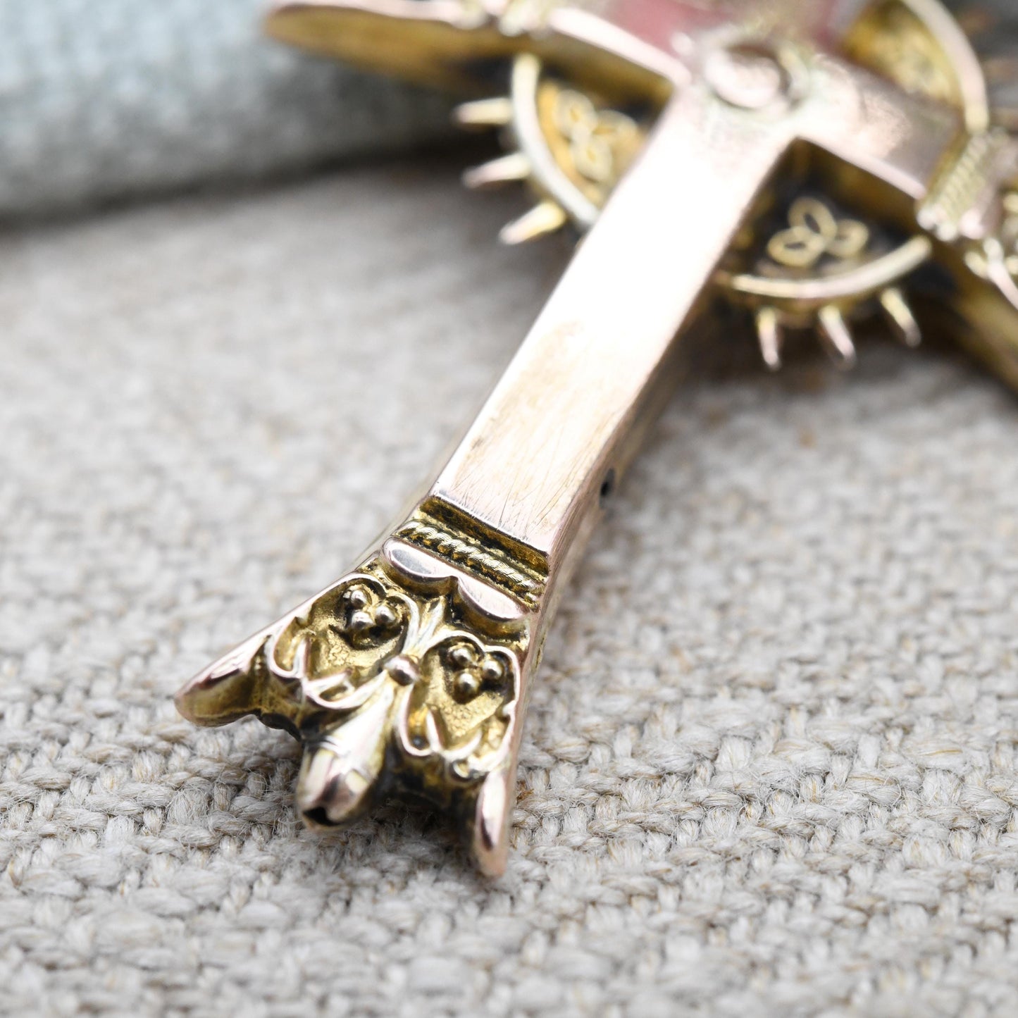 Antique 9ct Gold Jesus on the Cross Pendant Ornate Design - Christening Baptism Gift | Victorian Antique Rose Gold | Large 3D Puffed Design