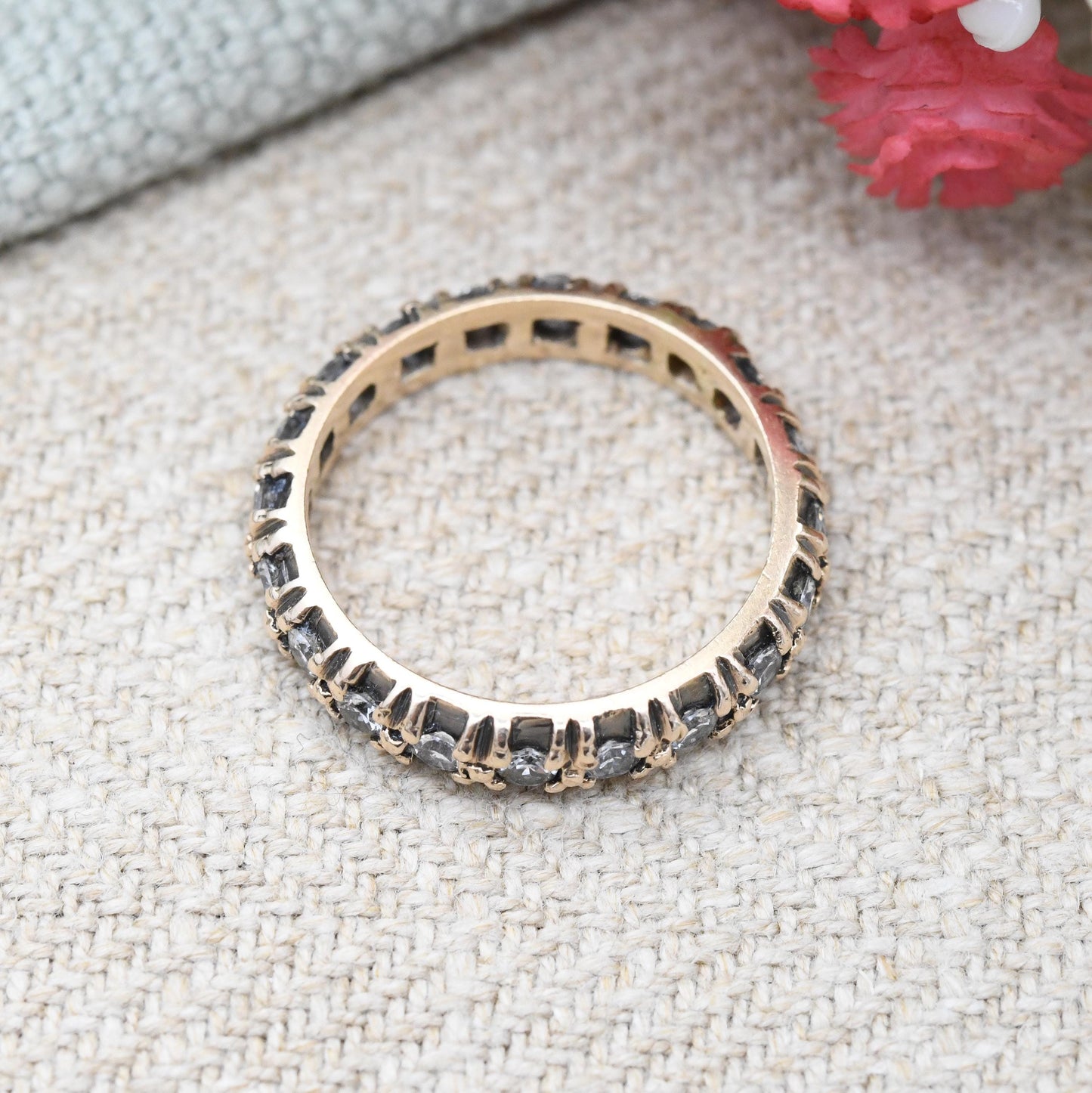 Antique 9ct Gold Eternity Band Ring with Clear Paste Stones - Full Eternity Engagement Wedding Stacker Ring | UK Size - L | US Size - 5 3/4