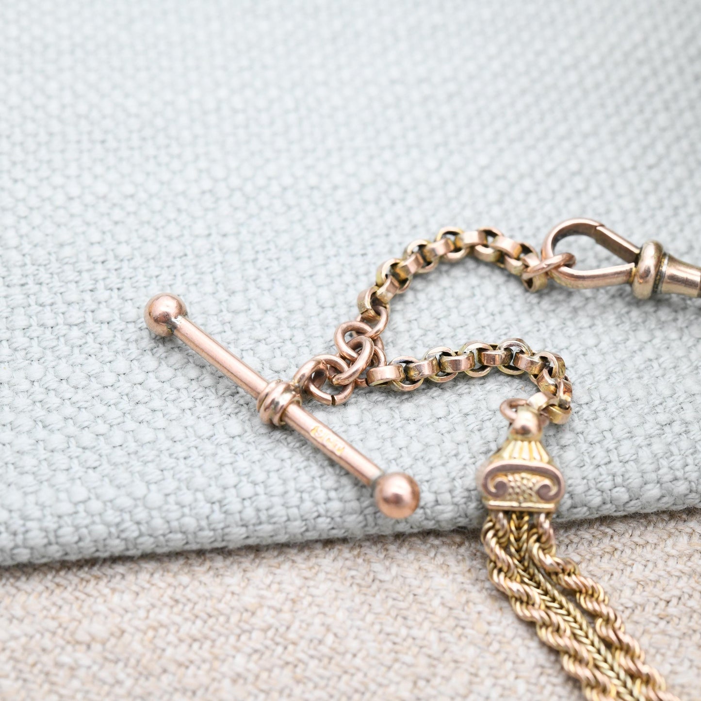 Antique Victorian 9ct Gold Albertina Chain Bracelet with Dog Clip and T-Bar - Fancy Link Rope Twist Watch Chain Hand Engraved Pretty Gift
