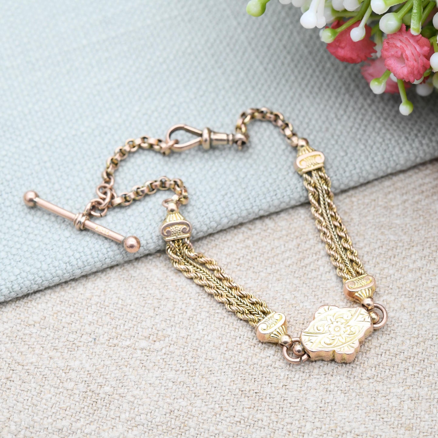 Antique Victorian 9ct Gold Albertina Chain Bracelet with Dog Clip and T-Bar - Fancy Link Rope Twist Watch Chain Hand Engraved Pretty Gift