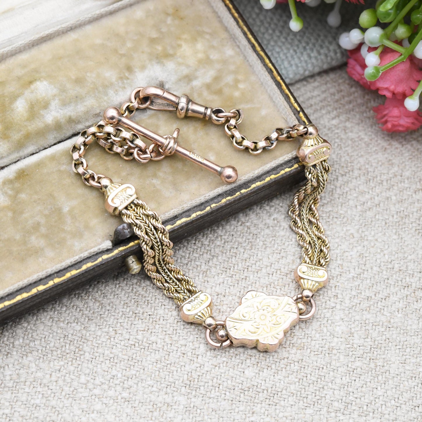 Antique Victorian 9ct Gold Albertina Chain Bracelet with Dog Clip and T-Bar - Fancy Link Rope Twist Watch Chain Hand Engraved Pretty Gift