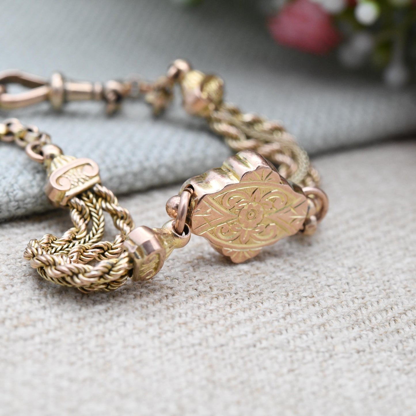 Antique Victorian 9ct Gold Albertina Chain Bracelet with Dog Clip and T-Bar - Fancy Link Rope Twist Watch Chain Hand Engraved Pretty Gift