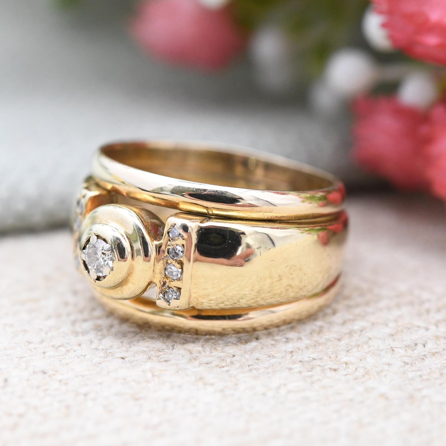 Vintage 9ct Gold Diamond Ring by Beemill Chunky Solitaire with Side Stones - Unusual Pinkie Ring Wide Band | UK Size - K | US Size - 5 1/4