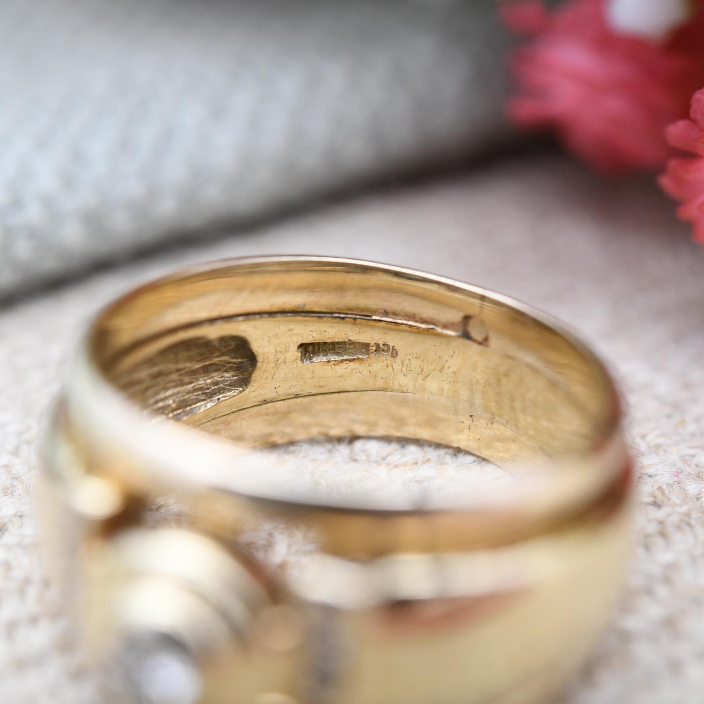 Vintage 9ct Gold Diamond Ring by Beemill Chunky Solitaire with Side Stones - Unusual Pinkie Ring Wide Band | UK Size - K | US Size - 5 1/4