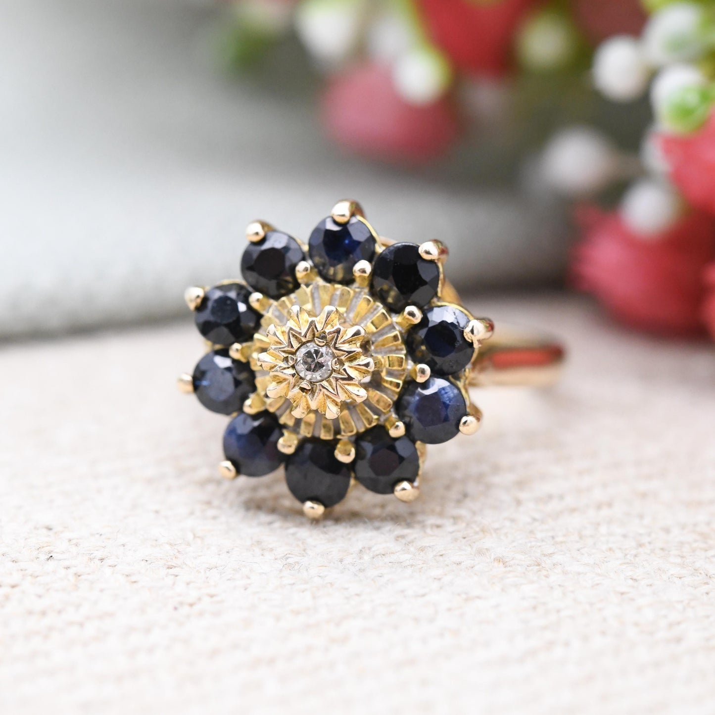 Vintage 9ct Gold Diamond Sapphire Flower Cluster Ring 1980 - Statement Cocktail Deep Blue Floral Ring Gift | UK Size - N | US Size - 6 1/2