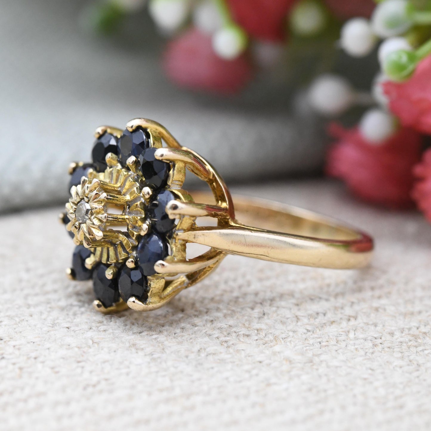 Vintage 9ct Gold Diamond Sapphire Flower Cluster Ring 1980 - Statement Cocktail Deep Blue Floral Ring Gift | UK Size - N | US Size - 6 1/2