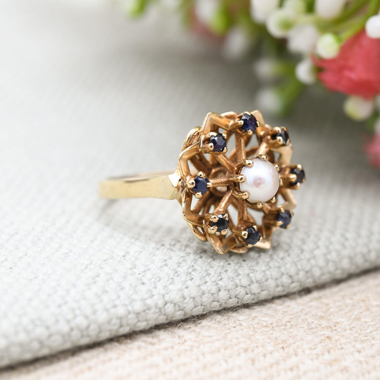 Vintage 9ct Gold Sapphire Pearl Flower Cocktail Ring 1966 Slade and Kempton S&K - White Blue Ring Gift | UK Size - K 1/2 | US Size - 5 1/2