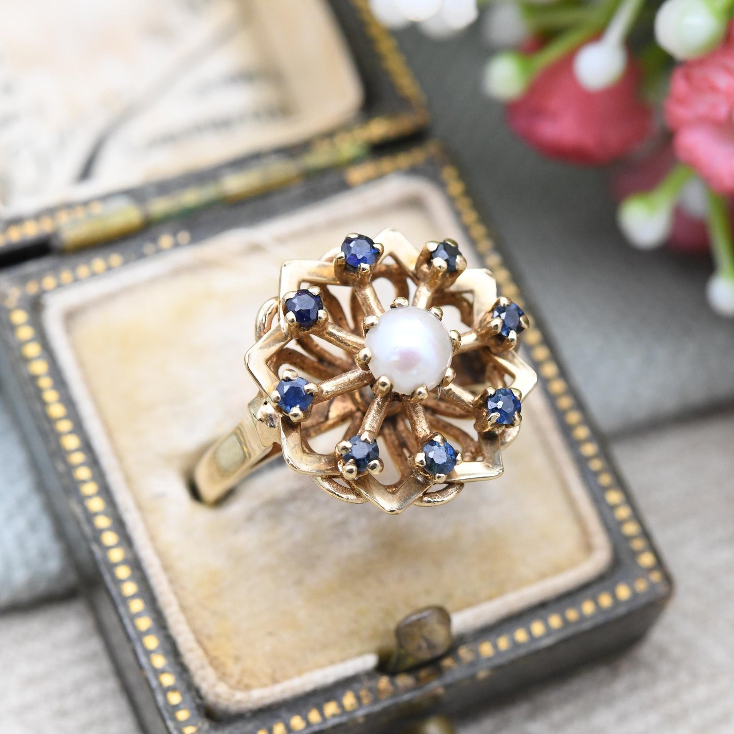 Vintage 9ct Gold Sapphire Pearl Flower Cocktail Ring 1966 Slade and Kempton S&K - White Blue Ring Gift | UK Size - K 1/2 | US Size - 5 1/2